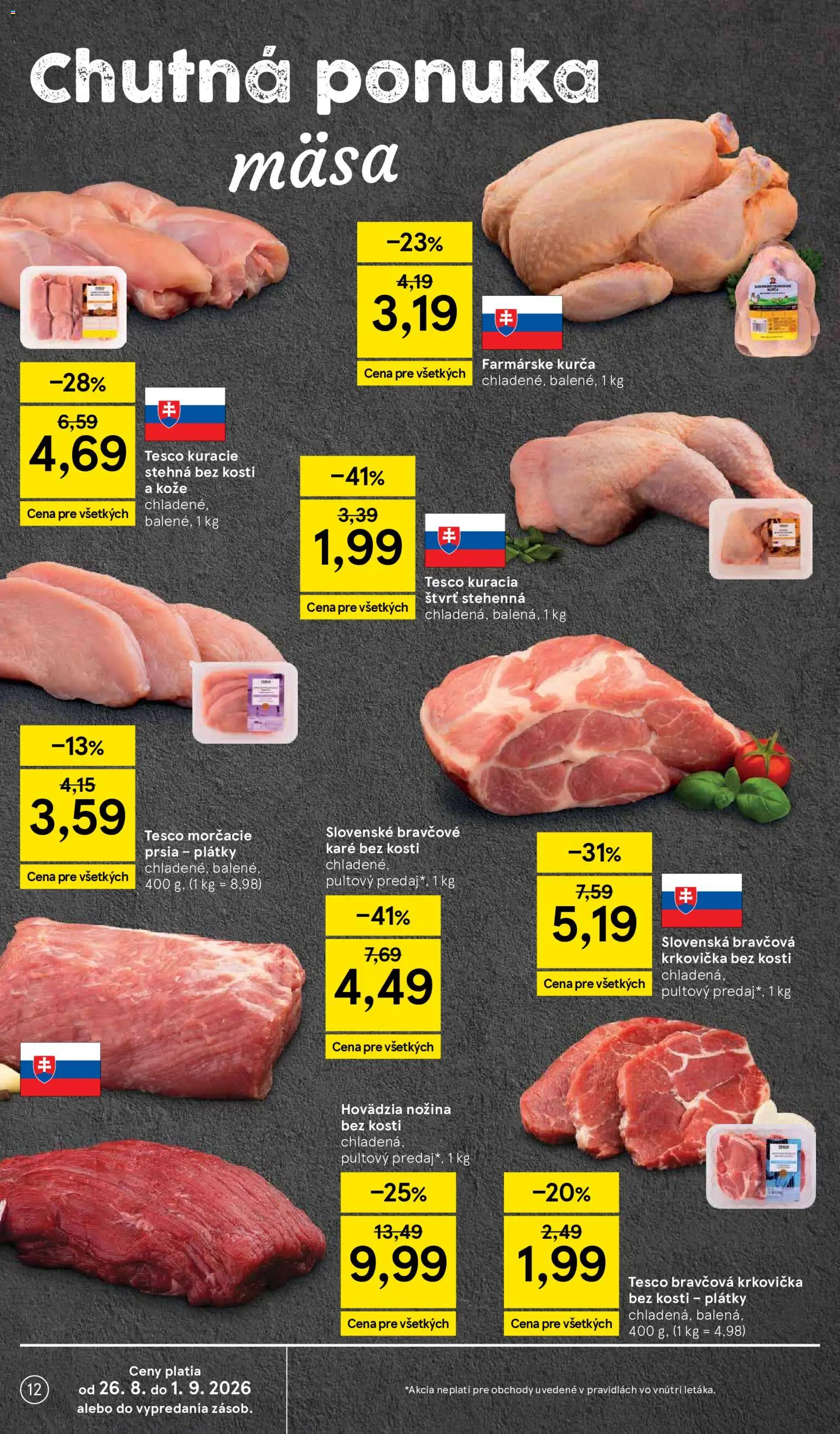 Nové Tesco akcie – leták je platný od 26.08.2026 | Strana: 12 | Produkty: Kuracie stehná, Krkovička, Stehná, Bravčové karé