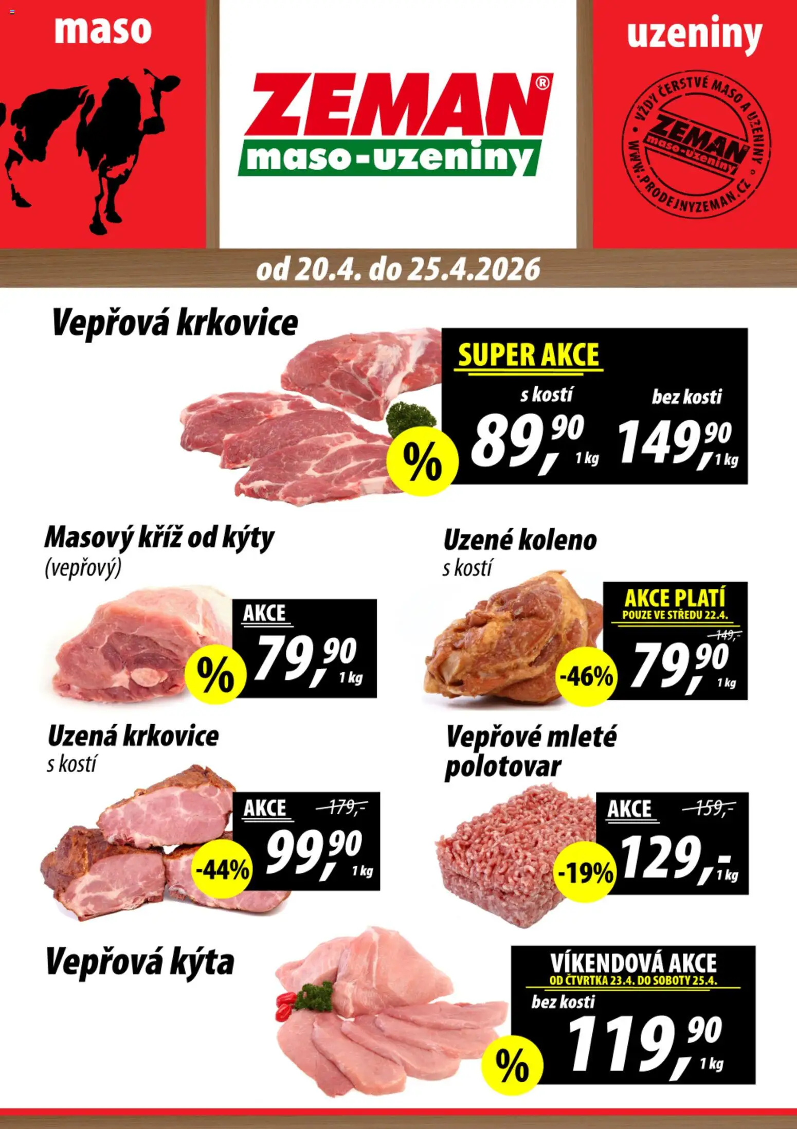 Prodejny Zeman leták od 20.04.2026 | Strana: 1 | Produkty: Uzeniny, Vepřová Kýta, Uzené koleno, Uzená krkovice