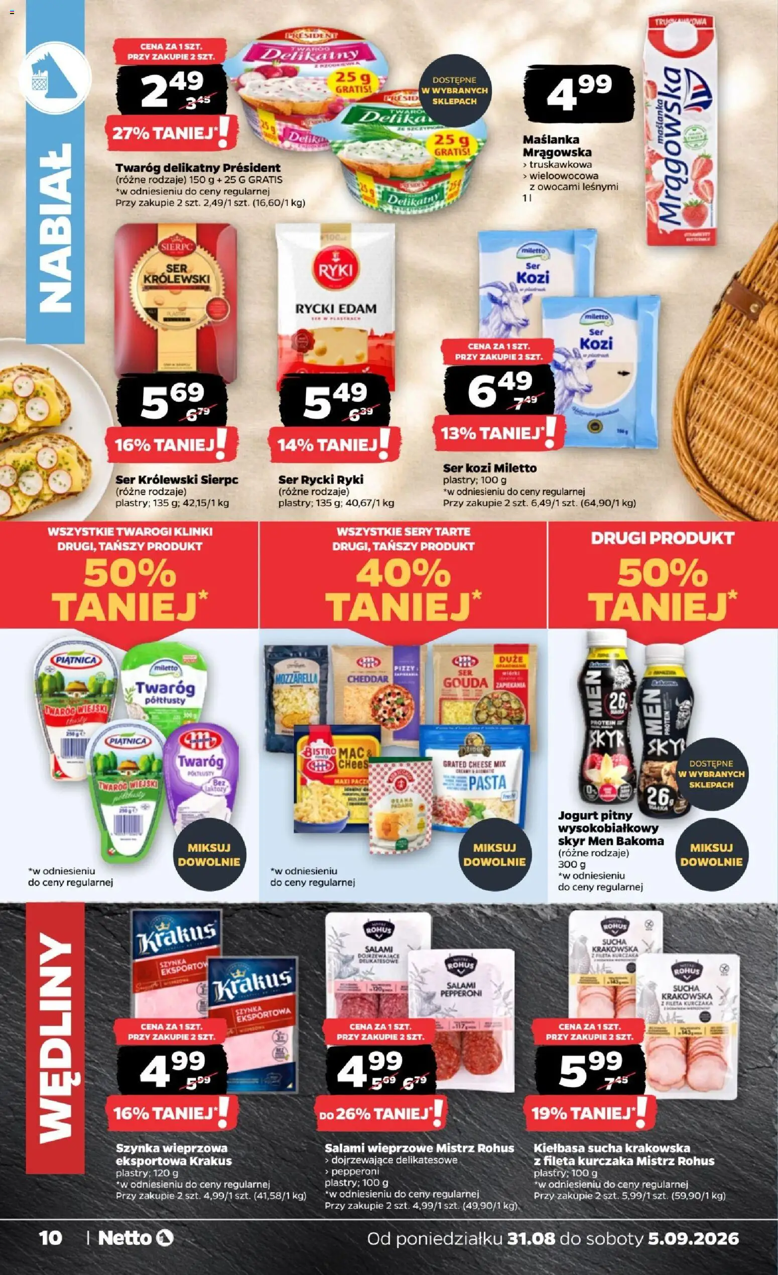 Netto gazetka od poniedziałku od 31.08.2026 | Strona: 10 | Produkty: Kiełbasa, Ser kozi, Jogurt pitny, Twaróg delikatny president