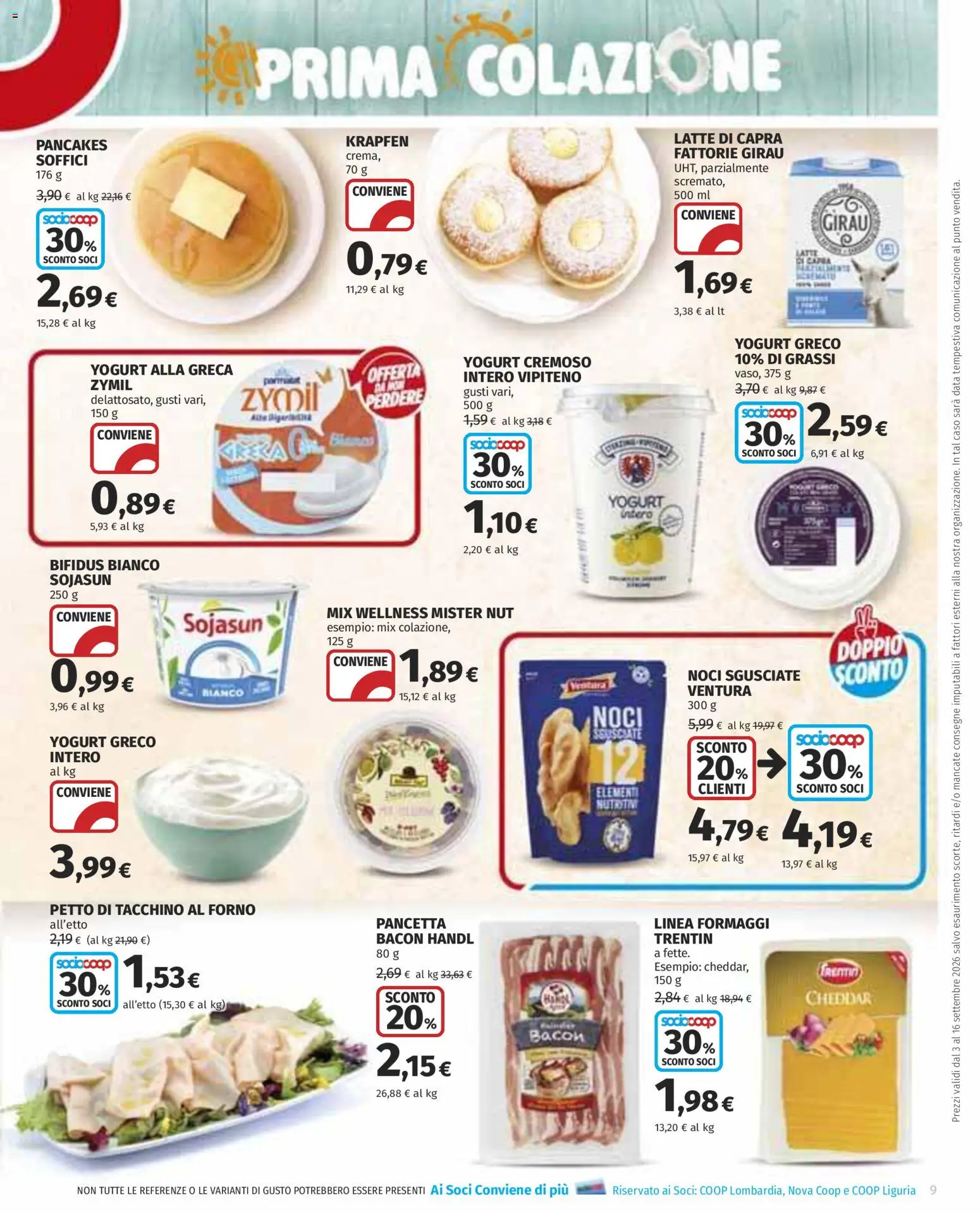 Volantino COOP del 03/09/2026 | Pagina: 9 | Prodotti: Yogurt greco, Pancetta, Tacchino, Latte