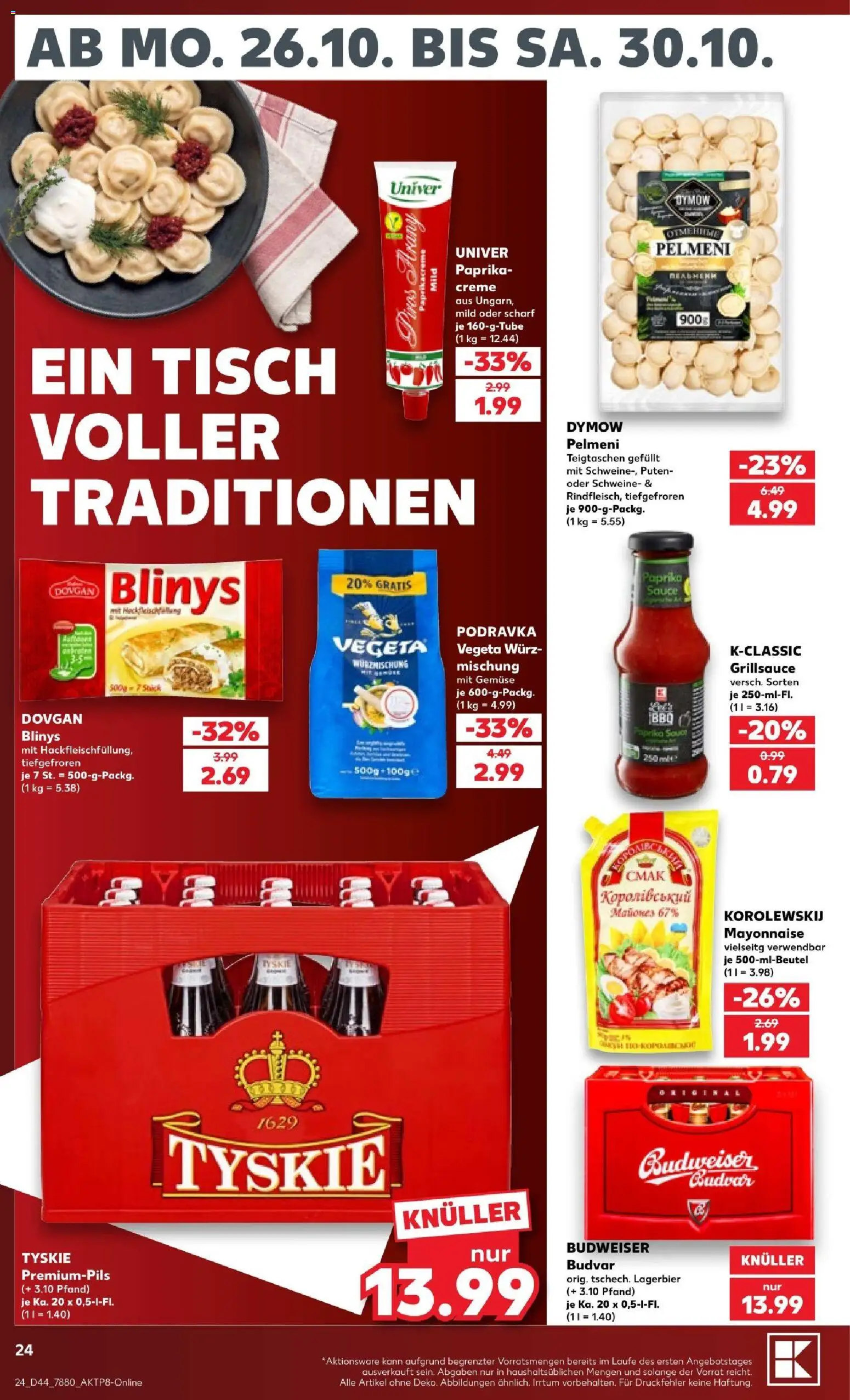Kaufland Prospekt Kiel – gültig ab 26.10.2026 | Seite: 24 | Produkte: Tyskie, Gemüse, Paprika, Budweiser