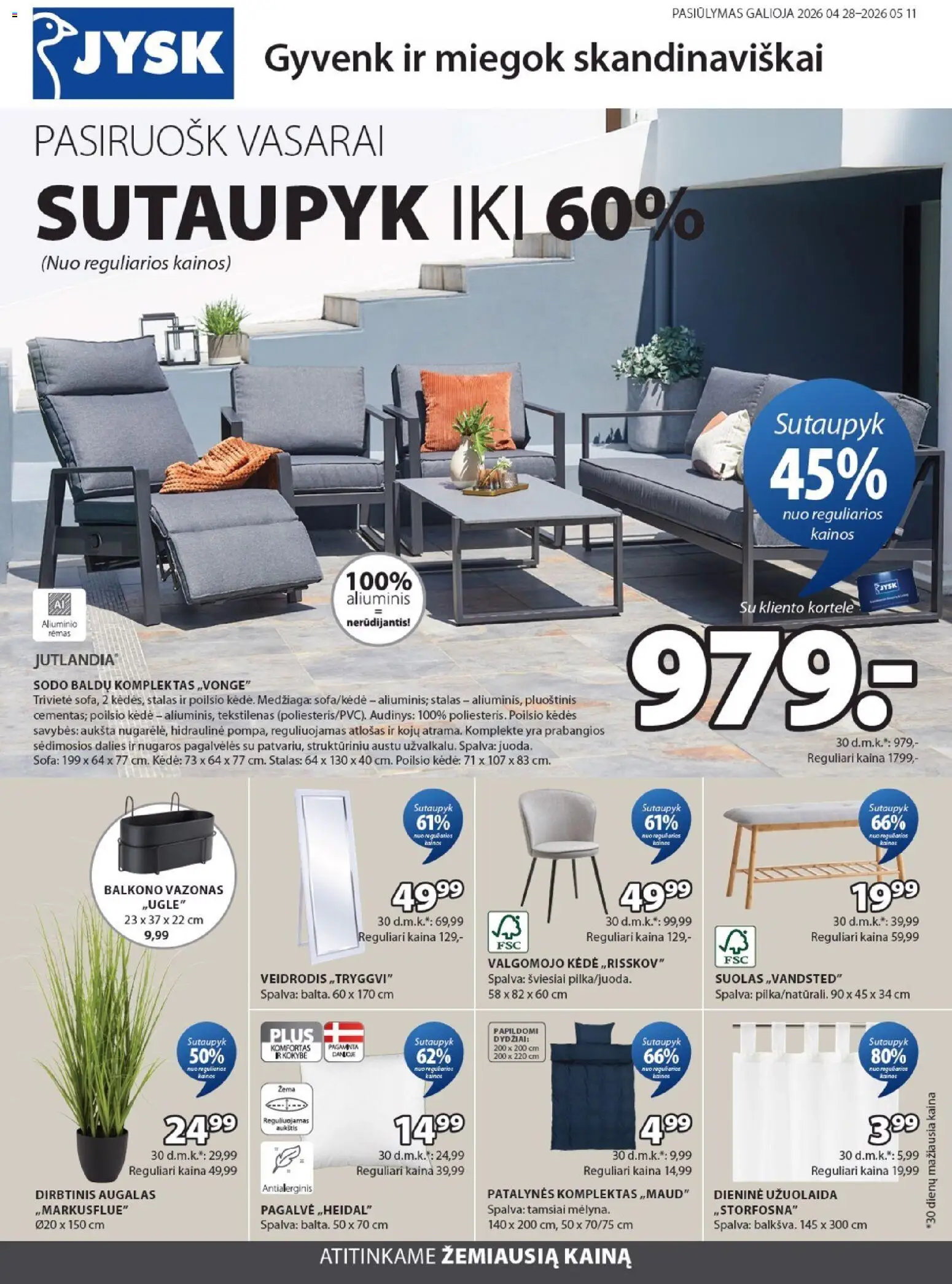 JYSK akcijos nuo 28.04.2026 | Puslapis: 1 | Prekių: Pagalvė, Sofa, Stalas, Patalynės komplektas