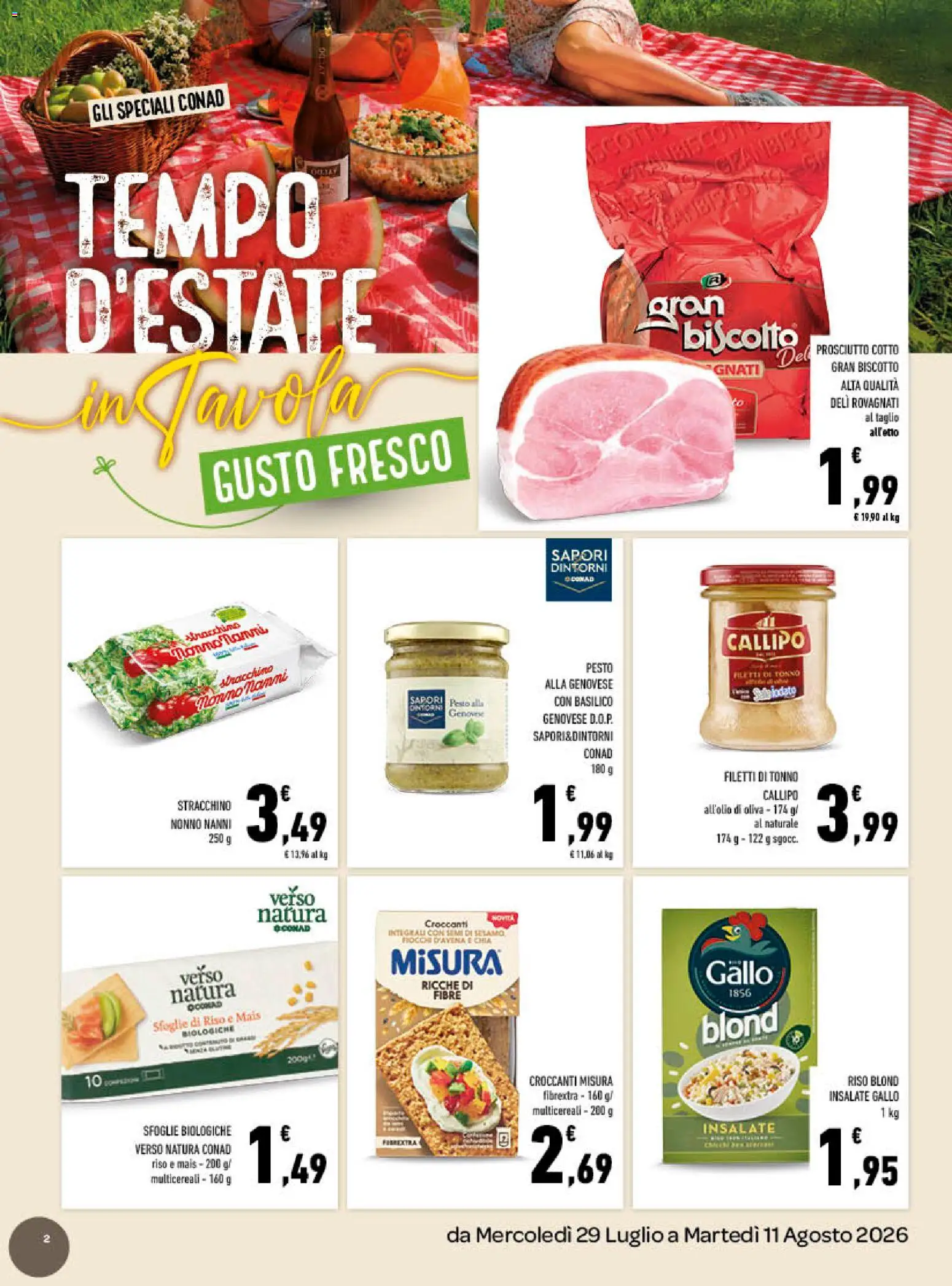 Volantino Conad del 29/07/2026 | Pagina: 2 | Prodotti: Prosciutto Cotto, Riso, Pesto, Tonno