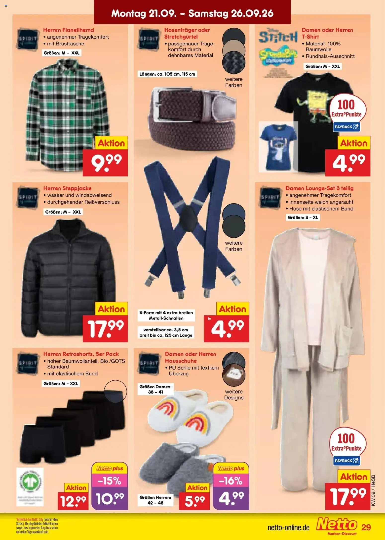 Netto Marken-Discount Prospekt Hamburg – gültig ab 21.09.2026 | Seite: 43 | Produkte: Steppjacke, Wasser, Hose, Hausschuhe
