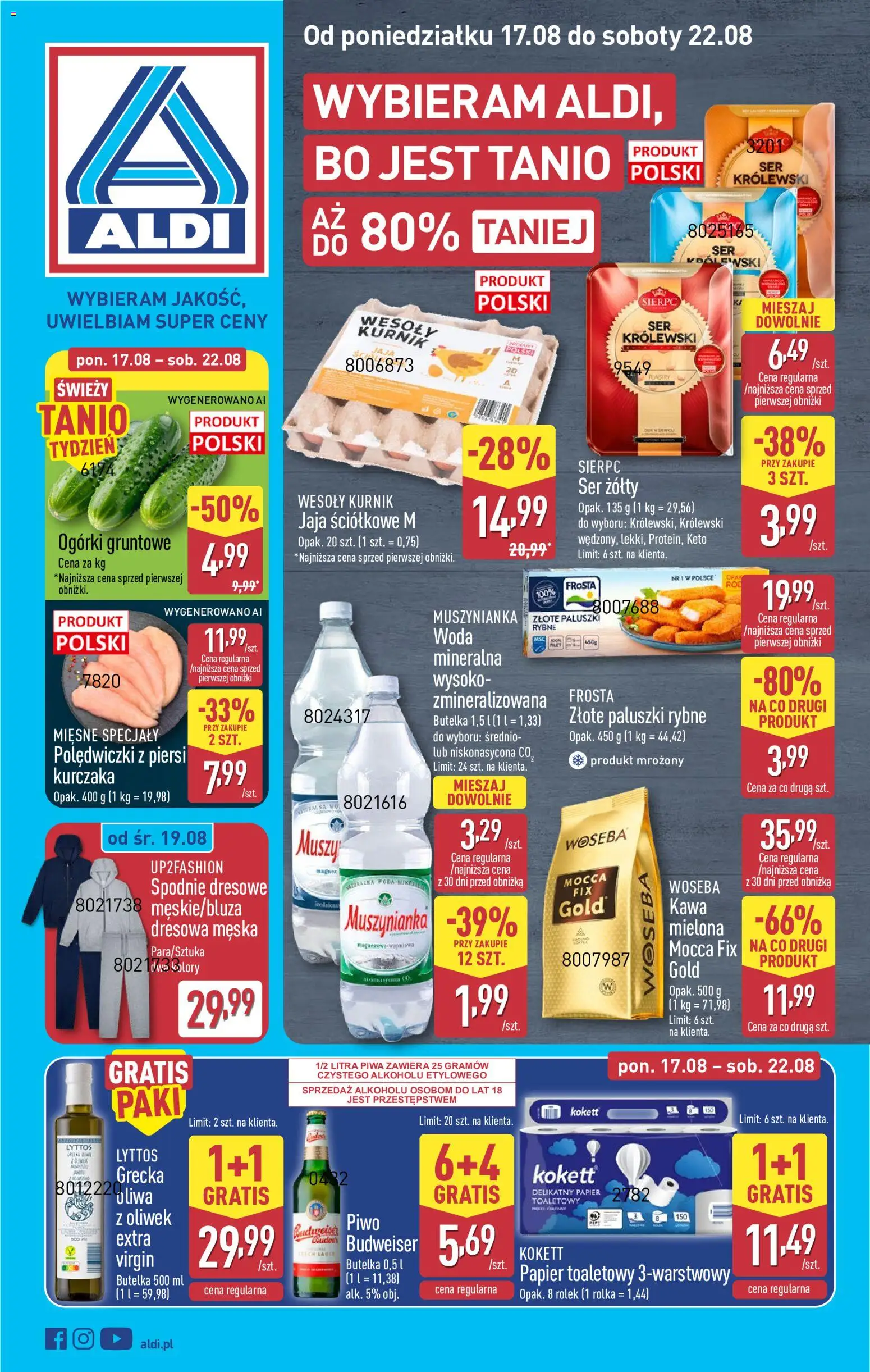 Aldi gazetka od 17.08.2026 | Strona: 1 | Produkty: Ser żółty, Frosta, Piersi, Woda