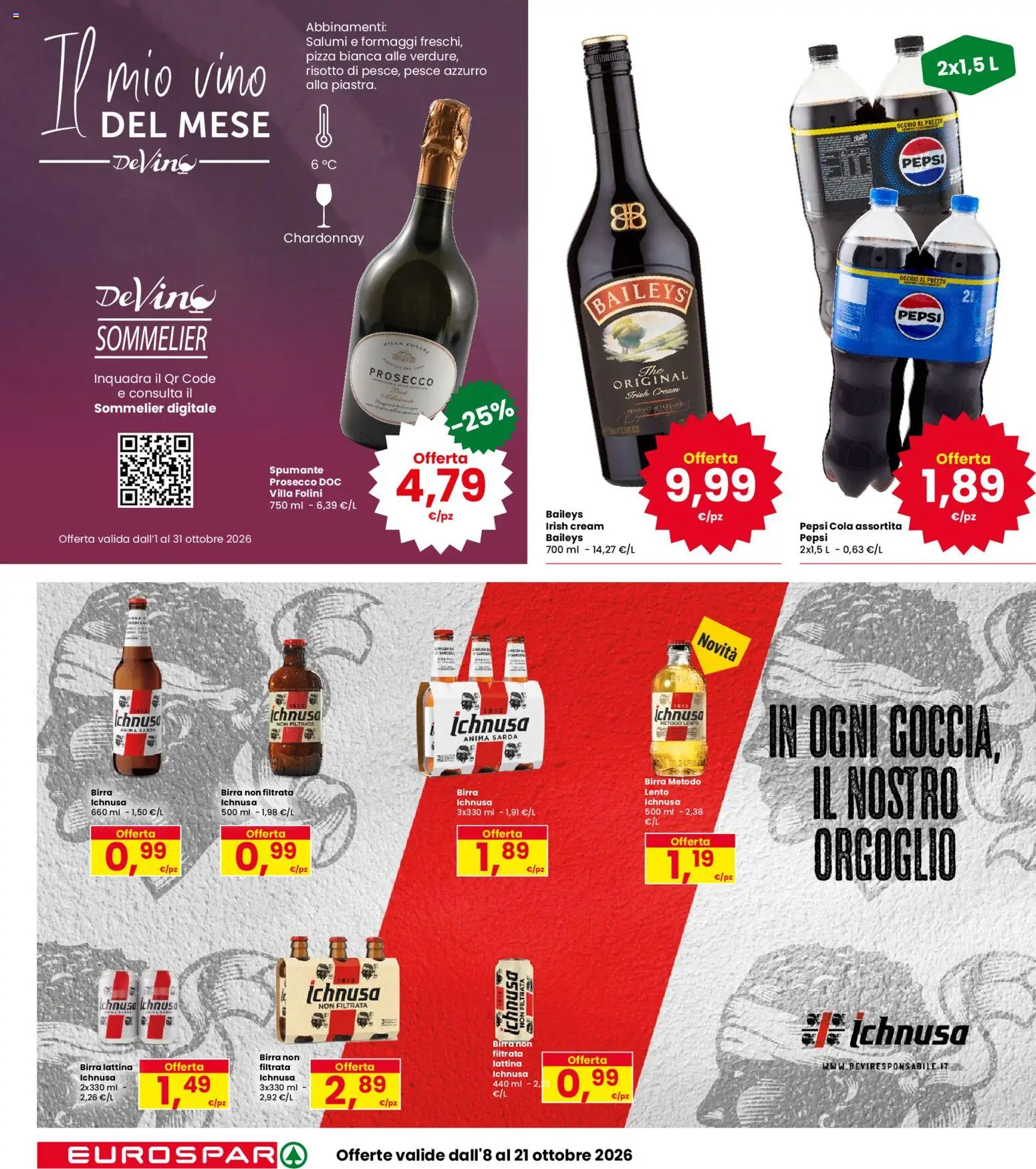 Volantino Eurospar del 08/10/2026 | Pagina: 18 | Prodotti: Pizza, Vino, Spumante, Pepsi