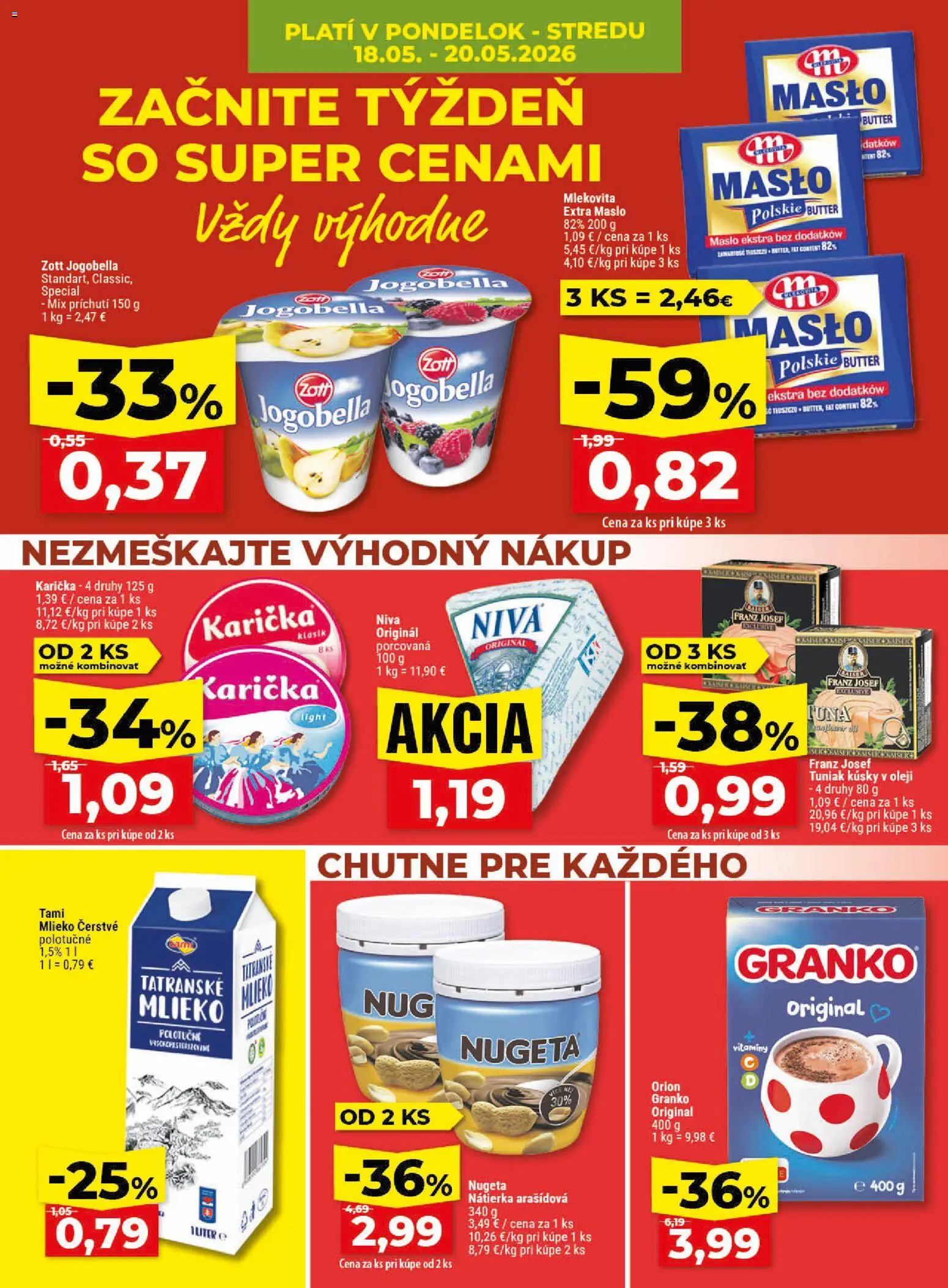 Nové Klas akcie – leták je platný od 18.05.2026 | Strana: 4 | Produkty: Maslo, Mlieko, Tuniak, Granko