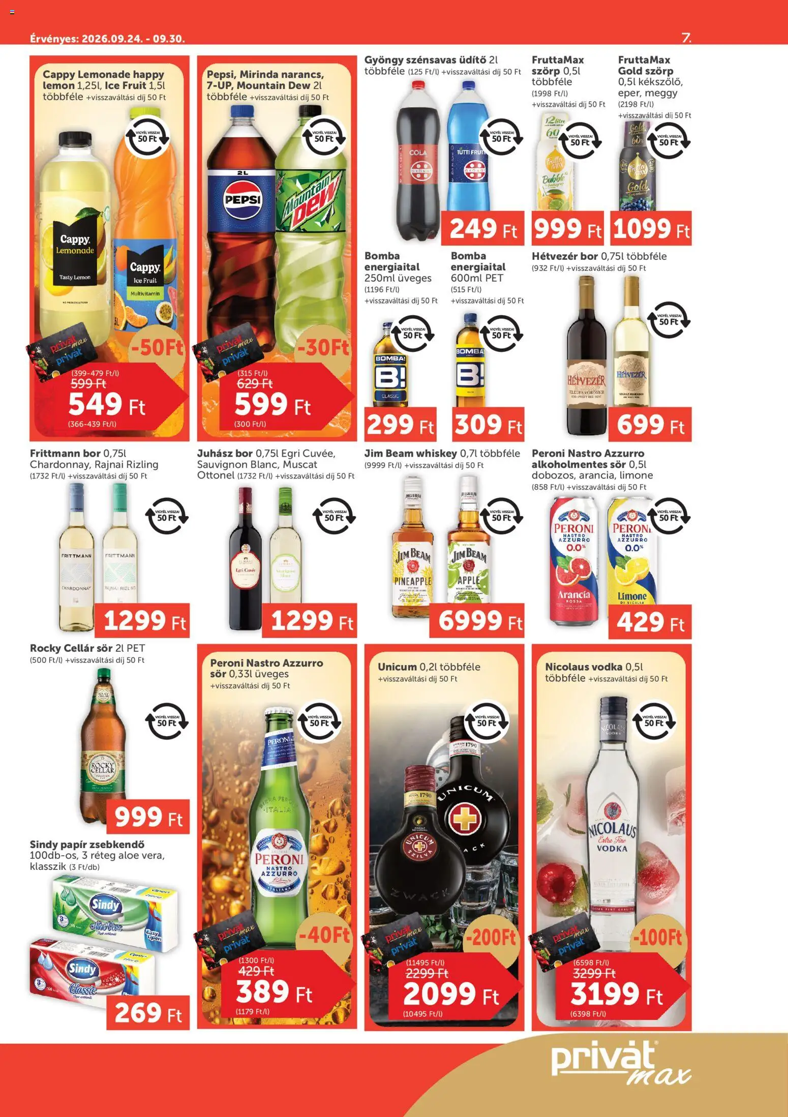 PRIVÁT akciós ujság - amely érvényes a következő dátumtól: 2026.09.24. | Oldal: 7 | Termékek: Pepsi, Jim Beam, Nicolaus vodka, Multivitamin