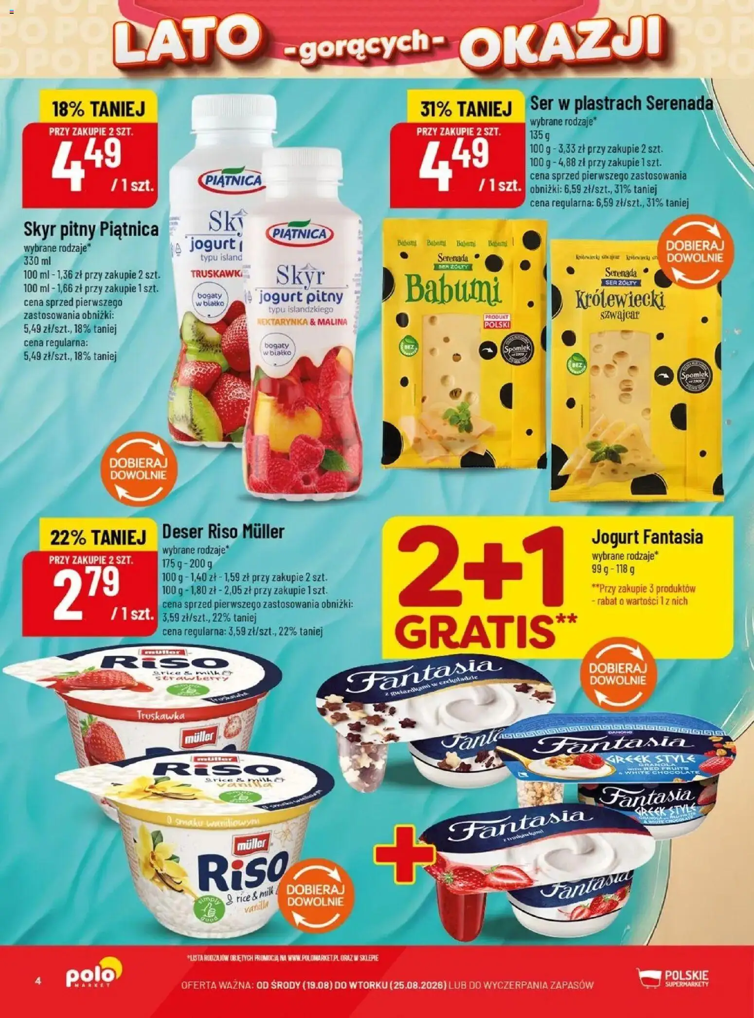 Nowa POLOmarket gazetka od jutra 19.08.2026 | Strona: 4 | Produkty: Ser w plastrach, Skyr pitny, Truskawki, Skyr