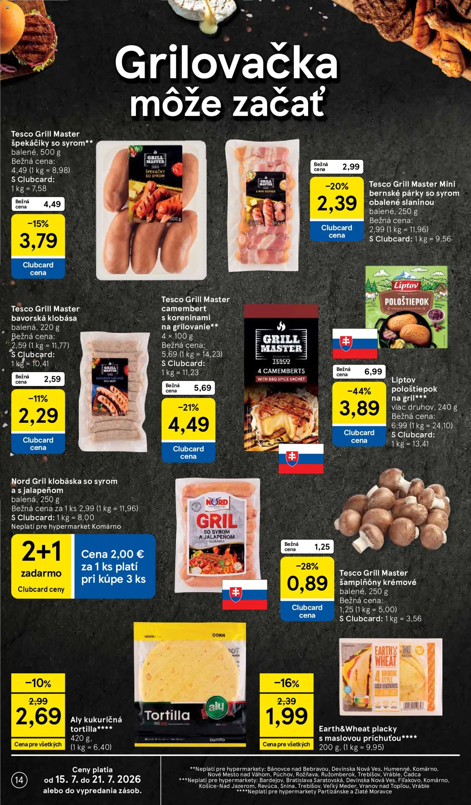 Nové Tesco akcie – leták je platný od 15.07.2026 | Strana: 14 | Produkty: Gril, Klobása, Šampiňóny, Špekáčiky