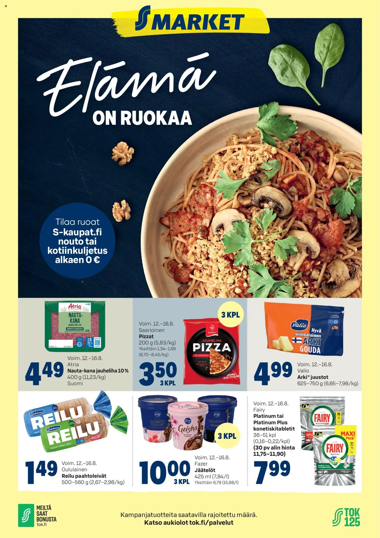 S-market tarjoukset - Elämä on ruoka – voimassa 12/08/2026 alkaen | Sivu: 1 | Tuotteet: Jauheliha, Kana, Pizza