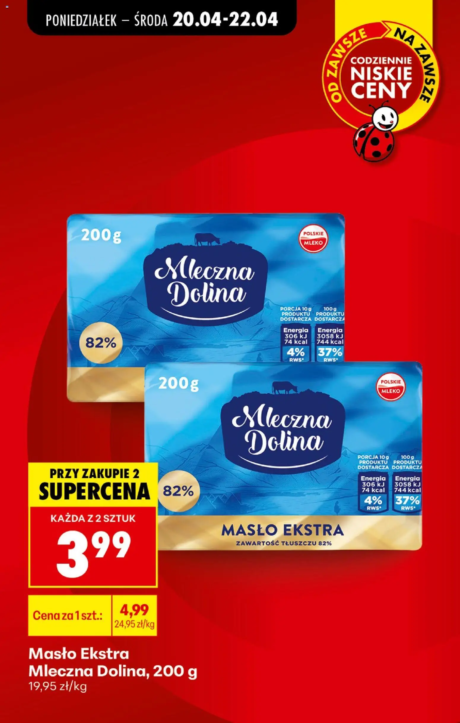 Biedronka gazetka od poniedziałku od 20.04.2026 | Strona: 22 | Produkty: Mleko mleczna dolina, Mleko, Masło