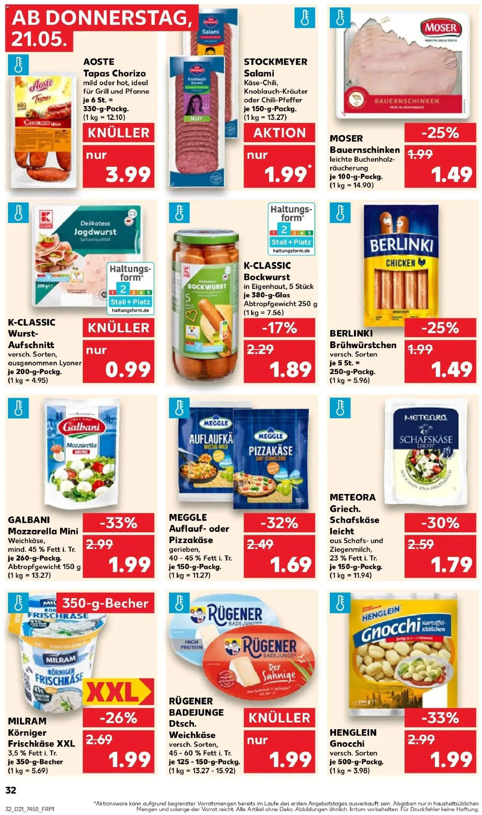 Kaufland Prospekt Westerburg – gültig ab 21.05.2026 | Seite: 32 | Produkte: Bockwurst, Mozzarella, Milram, Schafskase