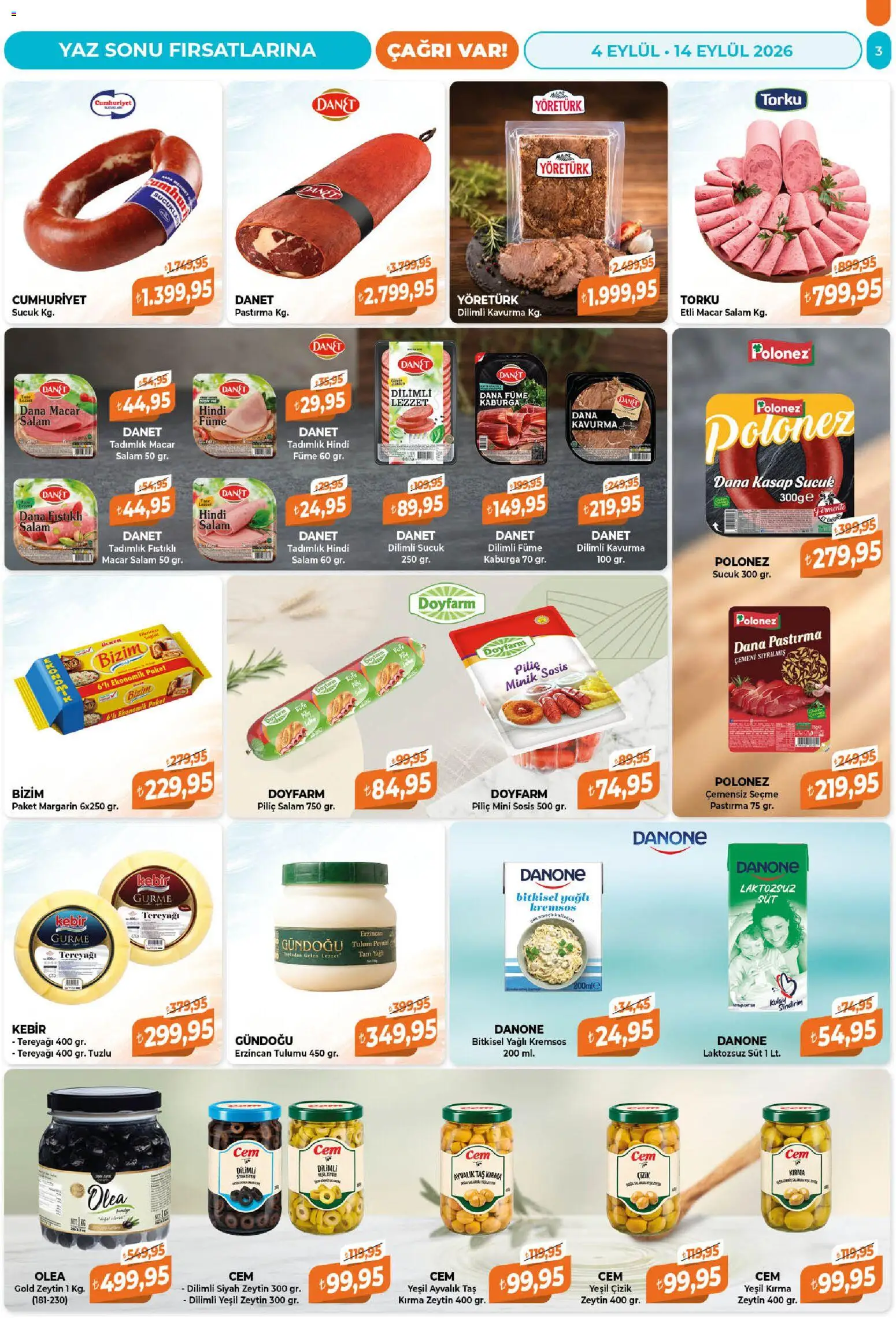 Çağrı Market Katalog - 04 Eylül 2026 tarihinden itibaren geçerlidir | Sayfa: 3 | Ürünler: Peynir, Tulum, Sosis, Piliç