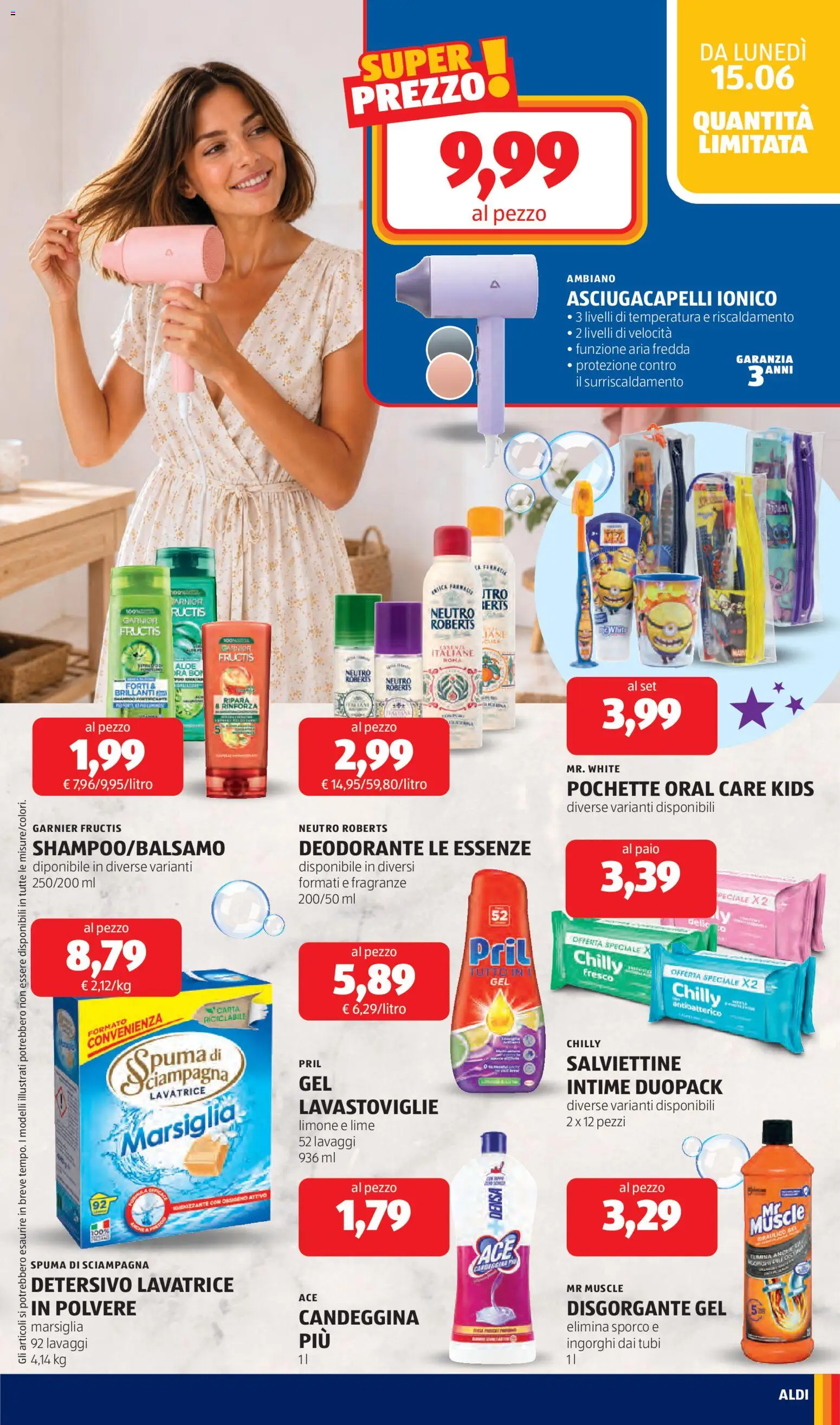 Volantino Aldi del 15.06.2026 | Pagina: 31 | Prodotti: Candeggina, Limone, Lavastoviglie, Asciugacapelli