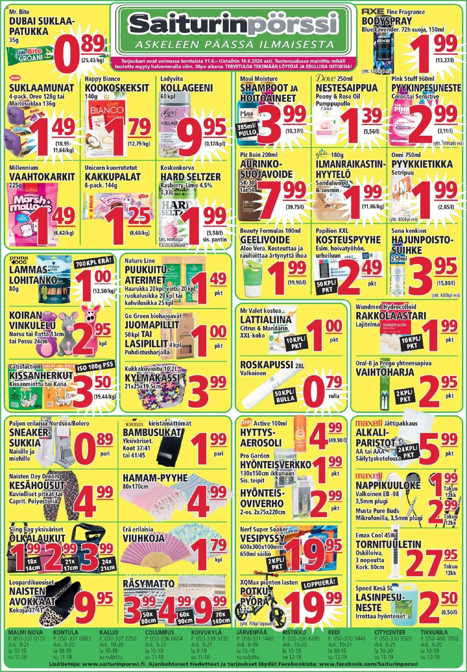 Saiturinpörssi tarjoukset – voimassa 11.06.2026 alkaen | Sivu: 1 | Tuotteet: Rakkolaastari, Veitsi, Vesipyssy, Oreo