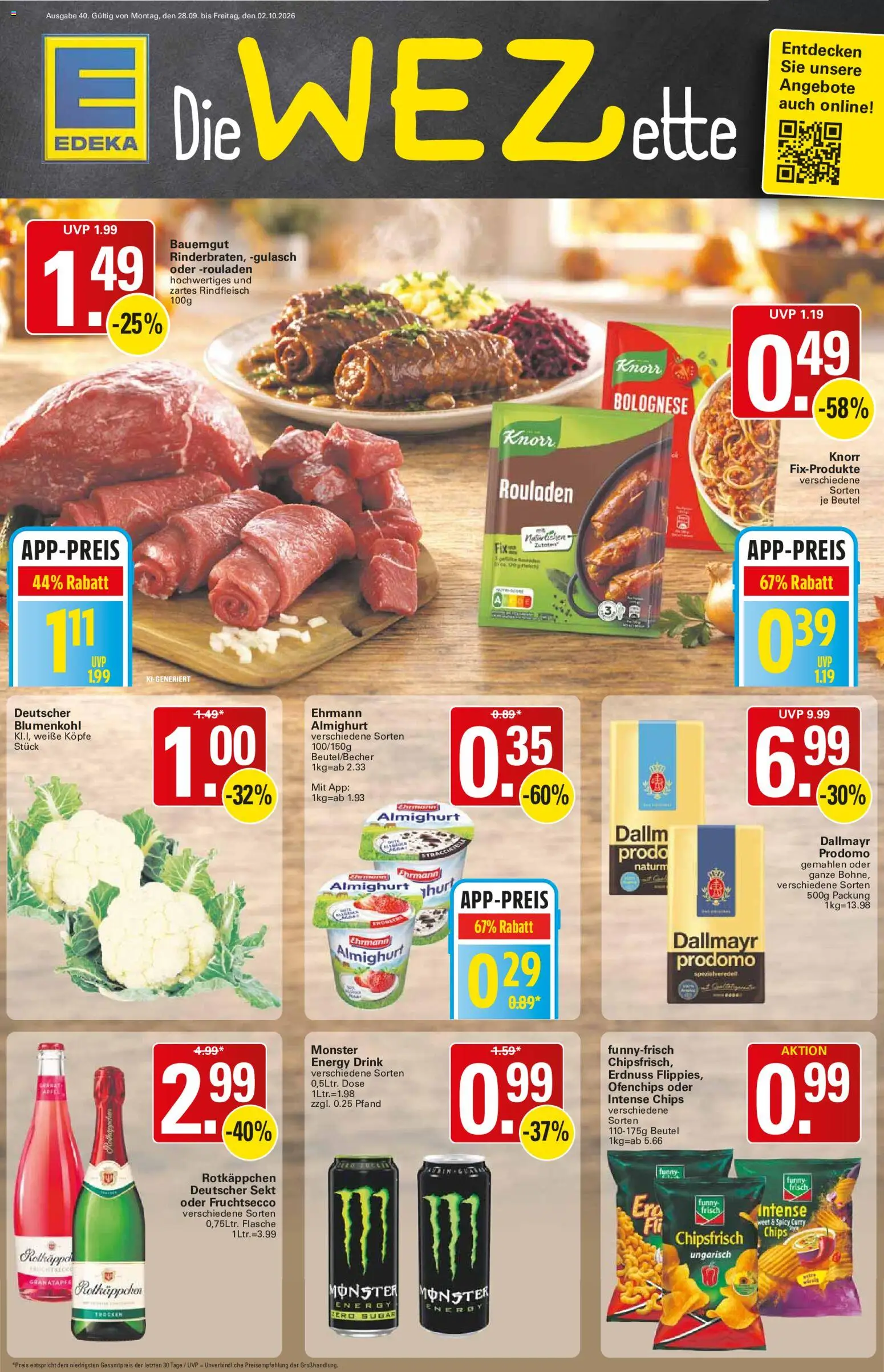 WEZ Prospekt – gültig ab 28.09.2026 | Seite: 1 | Produkte: Fruchtsecco, Dallmayr, Gulasch, Chips