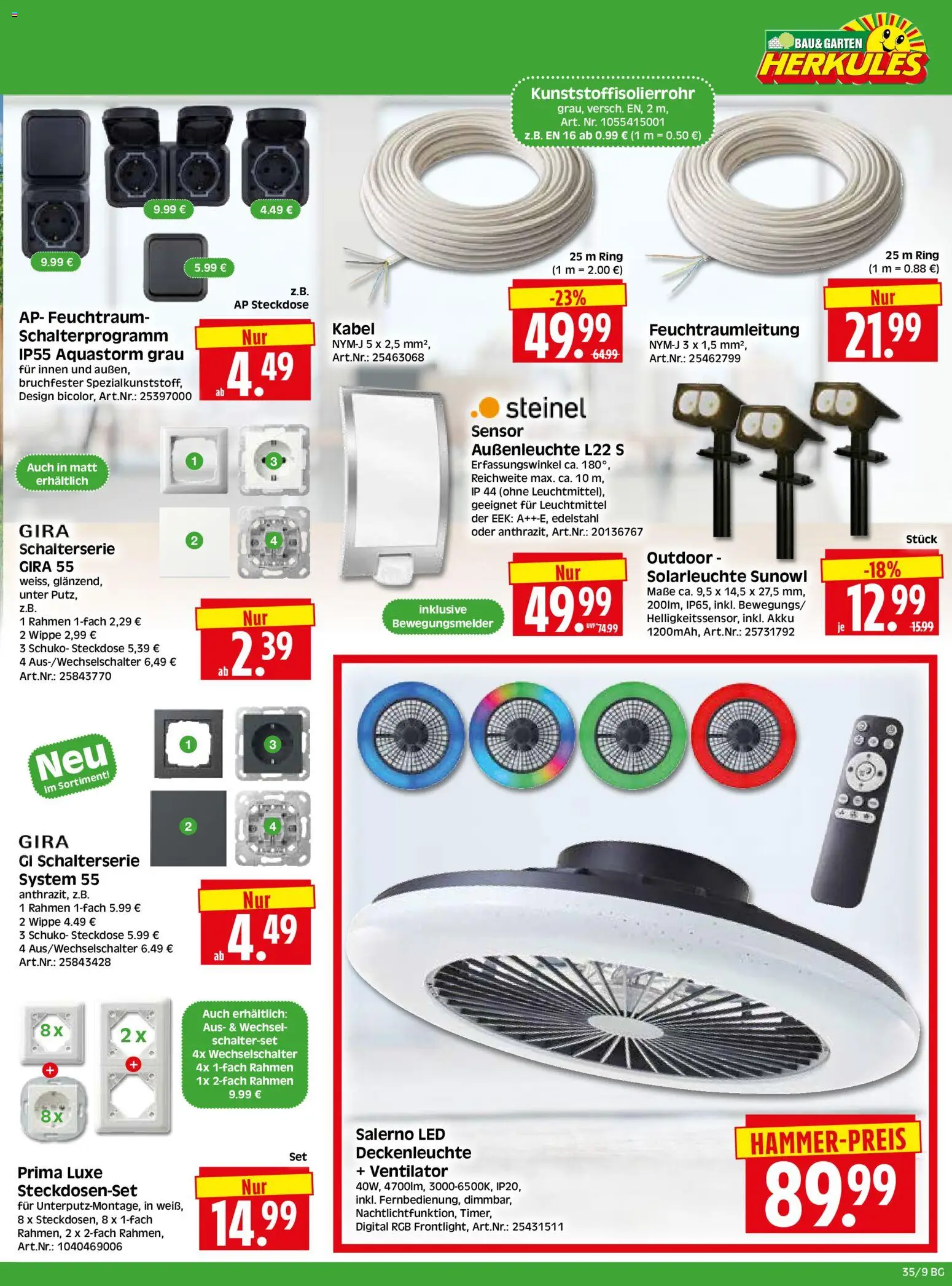 HERKULES Bau & Garten – gültig ab 24.08.2026 | Seite: 9 | Produkte: Kabel, Ventilator, Außenleuchte, Solarleuchte
