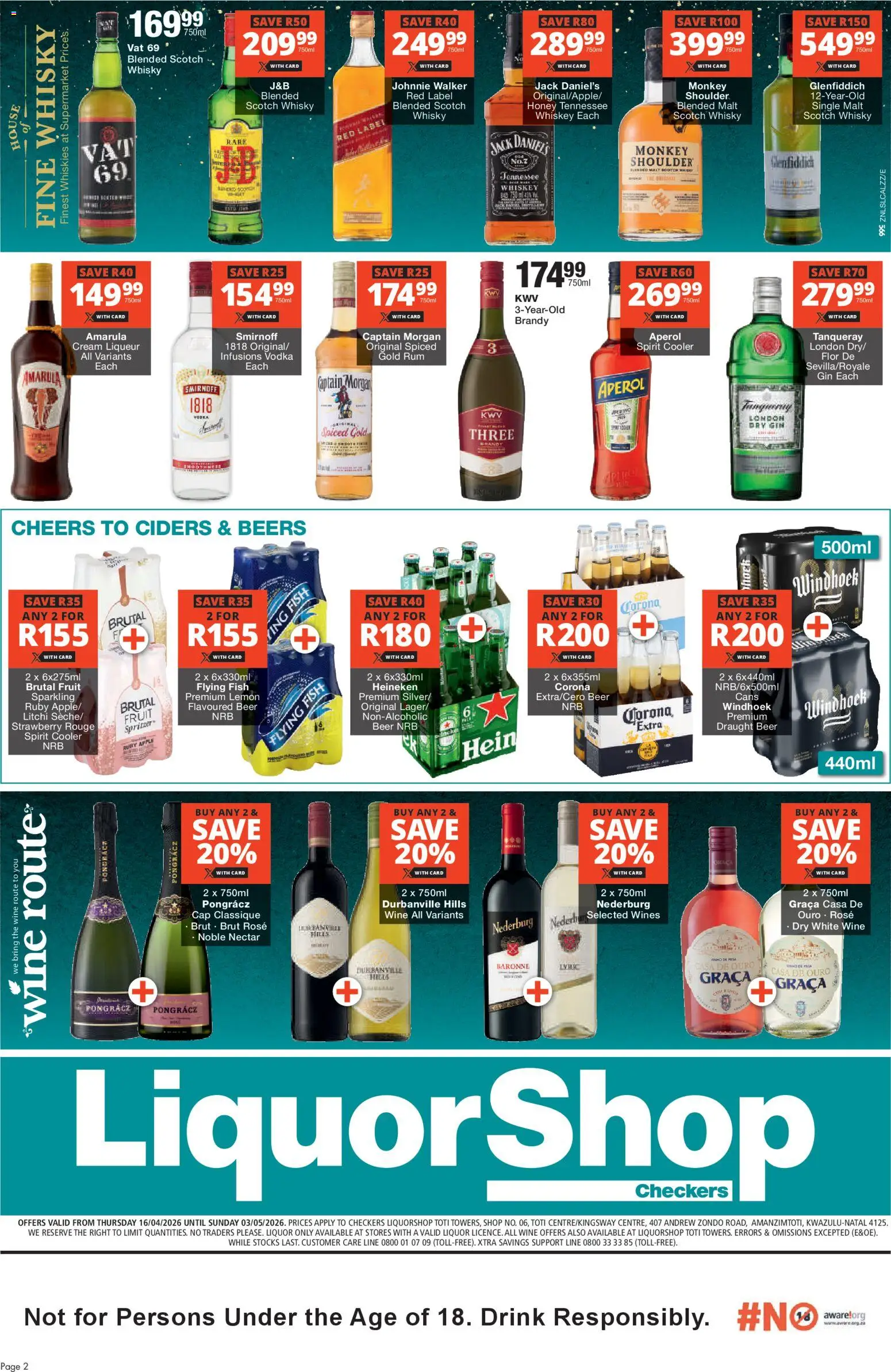 New Checkers catalogue – valid from 16.04.2026 | Page: 2 | Products: Cooler, Wine, Fish, Gin