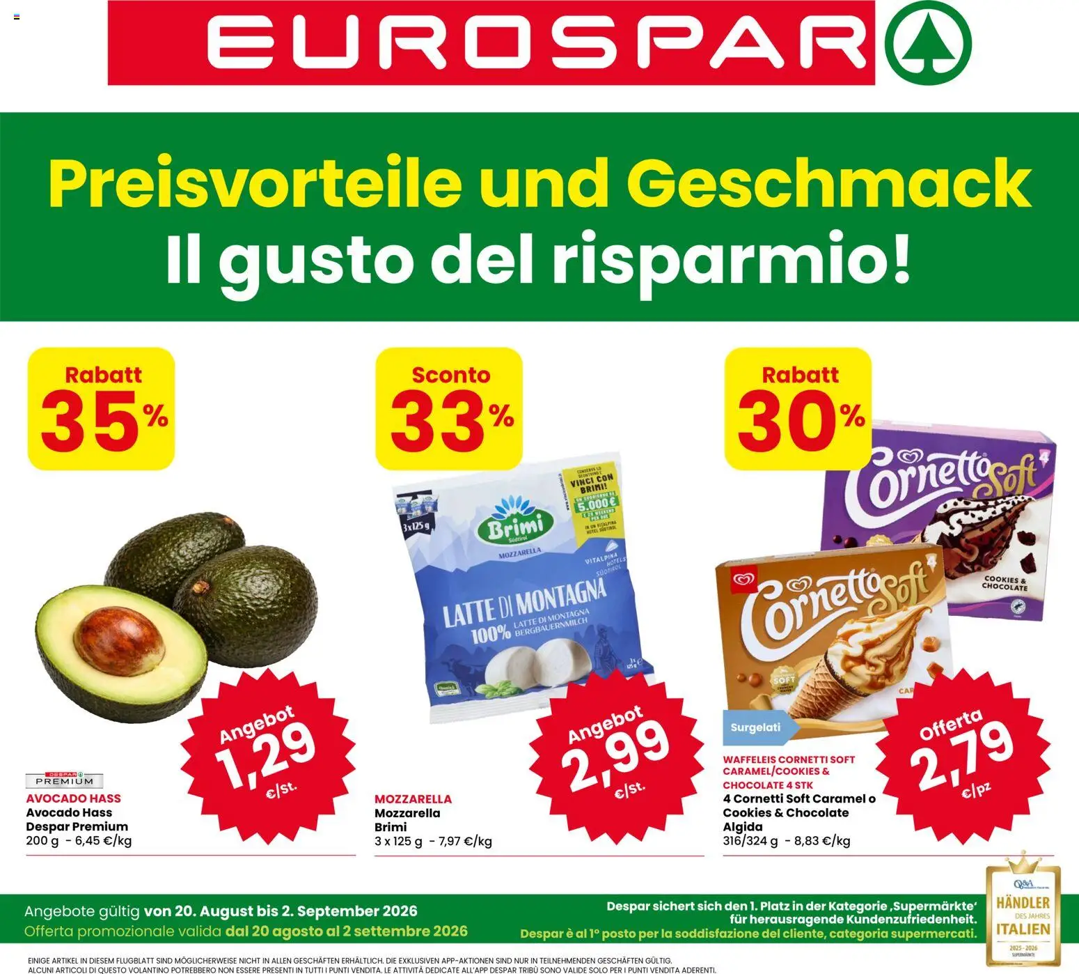 Volantino Eurospar del 20/08/2026 | Pagina: 1 | Prodotti: Avocado, Mozzarella, Latte