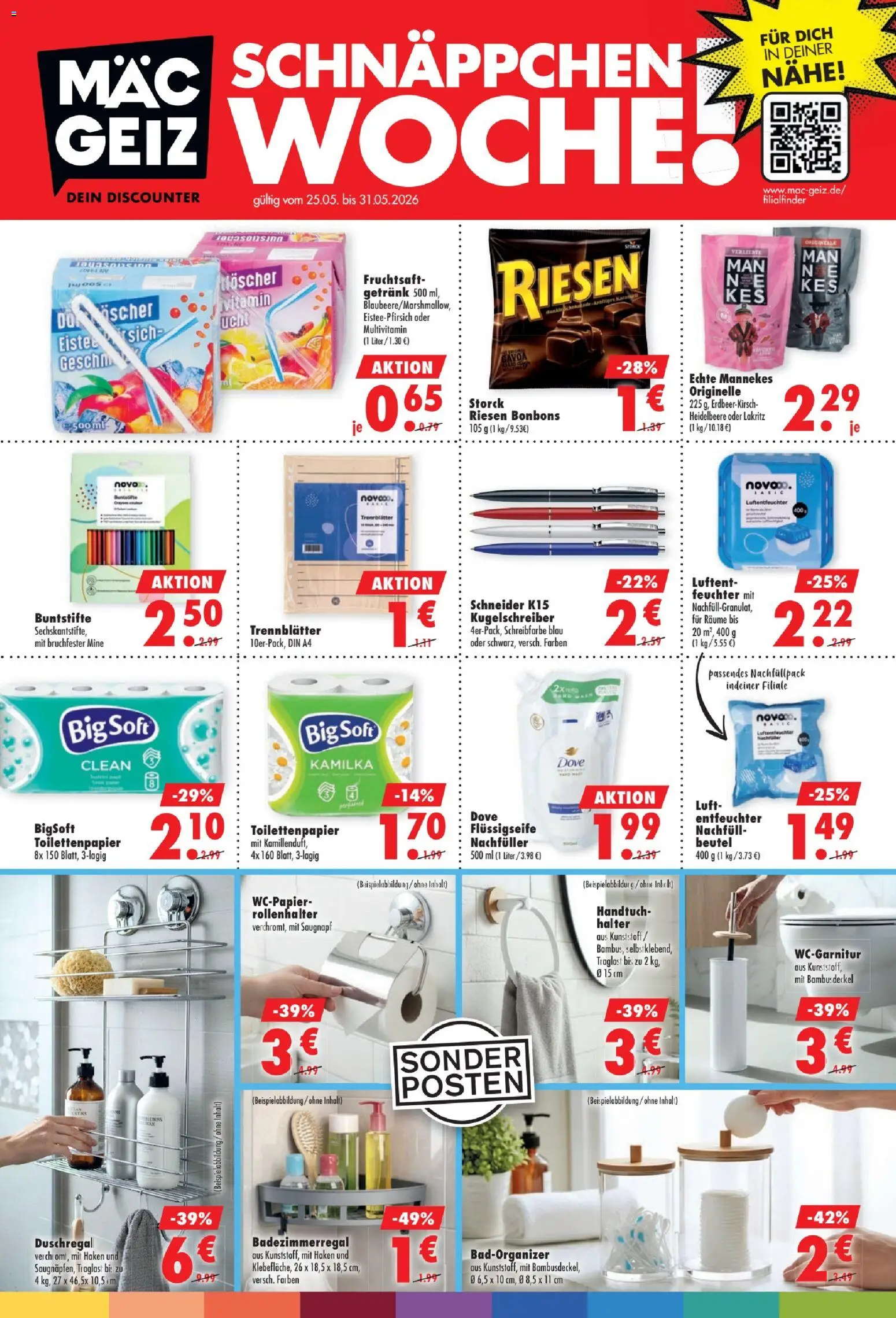 Mäc Geiz Prospekt 	 – gültig ab 25.05.2026 | Seite: 1 | Produkte: Duschregal, Fruchtsaft, Toilettenpapier