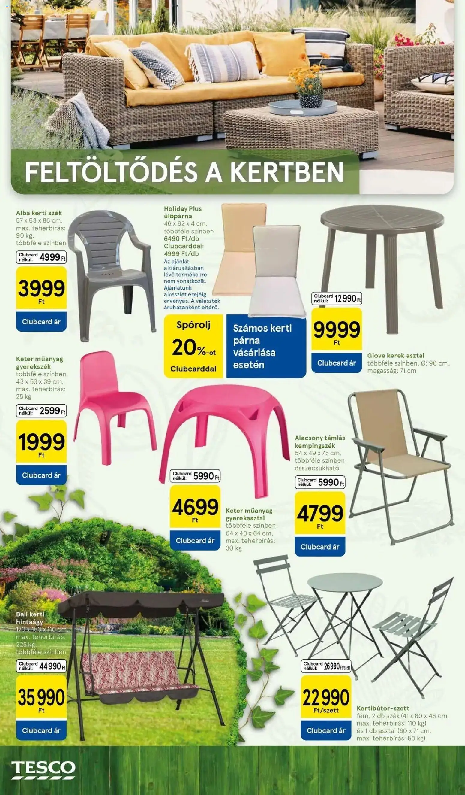Tesco akciós ujság - amely érvényes a következő dátumtól: 08.04.2026 | Oldal: 2 | Termékek: Párna, Kerti szék, Asztal, Hintaágy