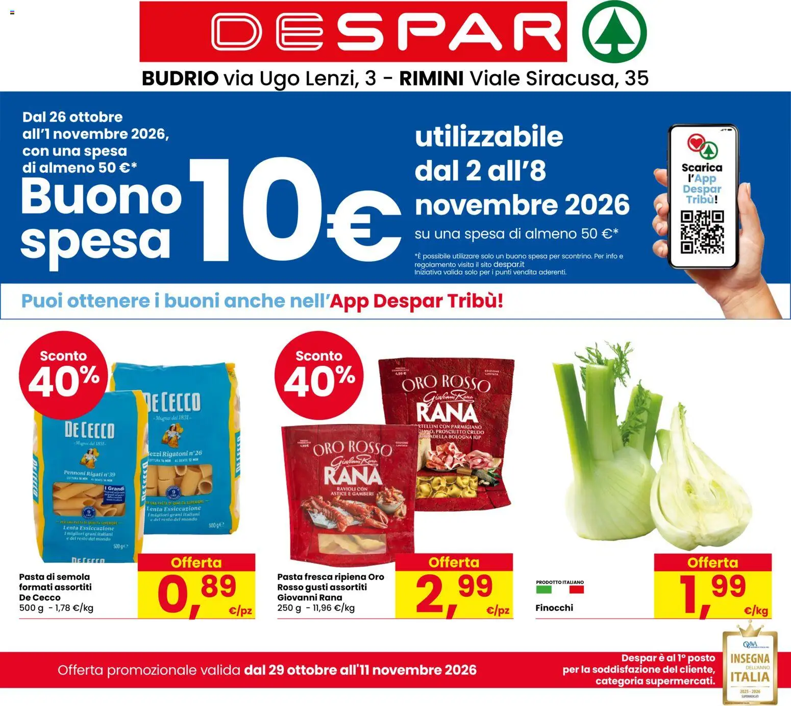 Volantino Despar del 29/10/2026 | Pagina: 1 | Prodotti: Gamberi, De Cecco, Ravioli, Parmigiano