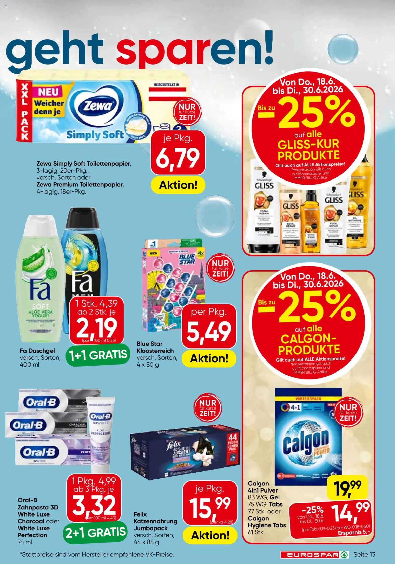 Eurospar Flugblatt gültig ab 18.06.2026 | Seite: 13 | Produkte: Duschgel, Zahnpasta
