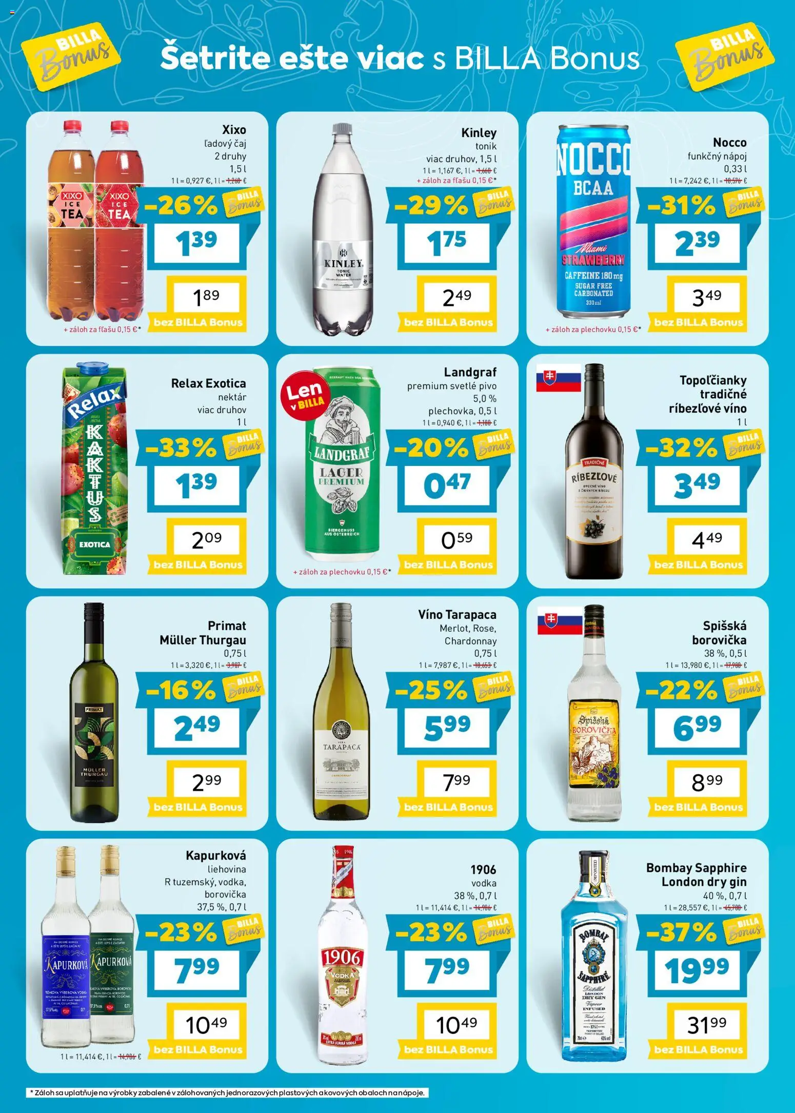 Nové Billa akcie – leták je platný od 07.10.2026 | Strana: 8 | Produkty: Pivo, Borovička, Tonic, Gin