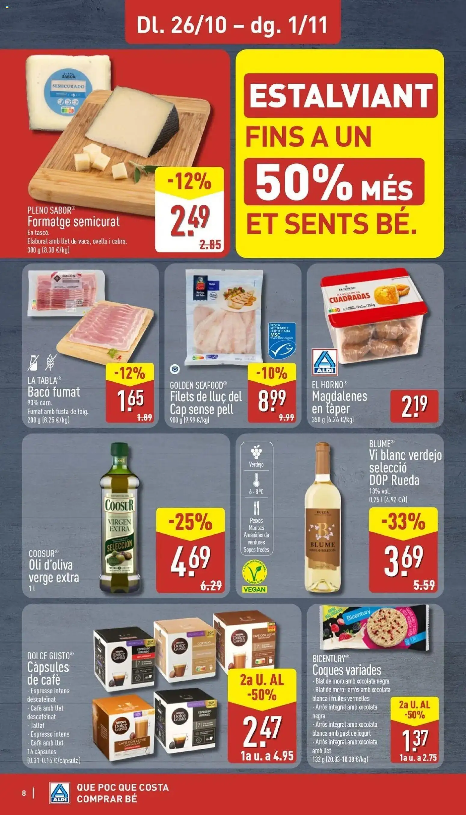 Aldi - Qué poco cuesta comprar bien │ válido desde el 26/10/2026 | Página: 8 | Productos: Café con leche, Café, Magdalenas, Bacon