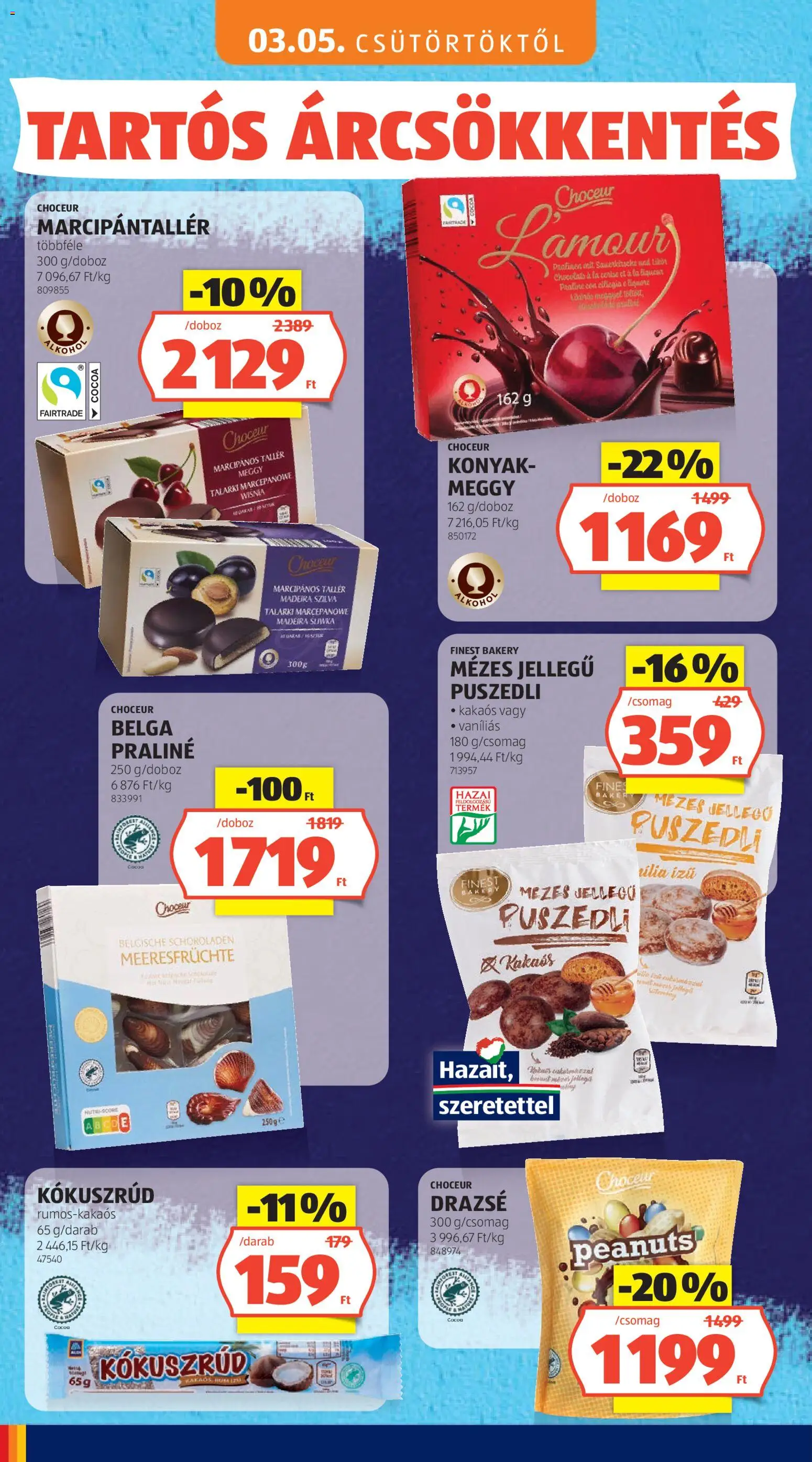 Aldi akciós ujság - amely érvényes a következő dátumtól: 03.05.2026 | Oldal: 20 | Termékek: Meggy, Praliné, Drazsé, Puszedli