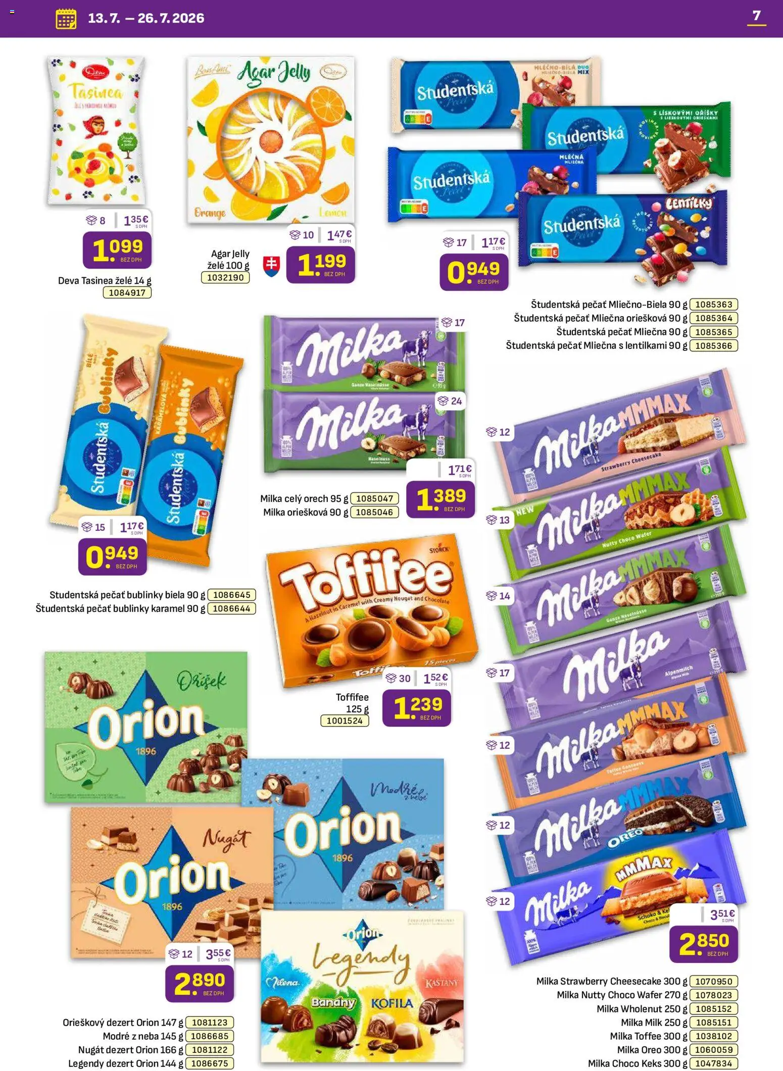 Nové Libex akcie – leták je platný od 13.07.2026 | Strana: 7 | Produkty: Banány, Toffifee, Študentská pečať, Milka