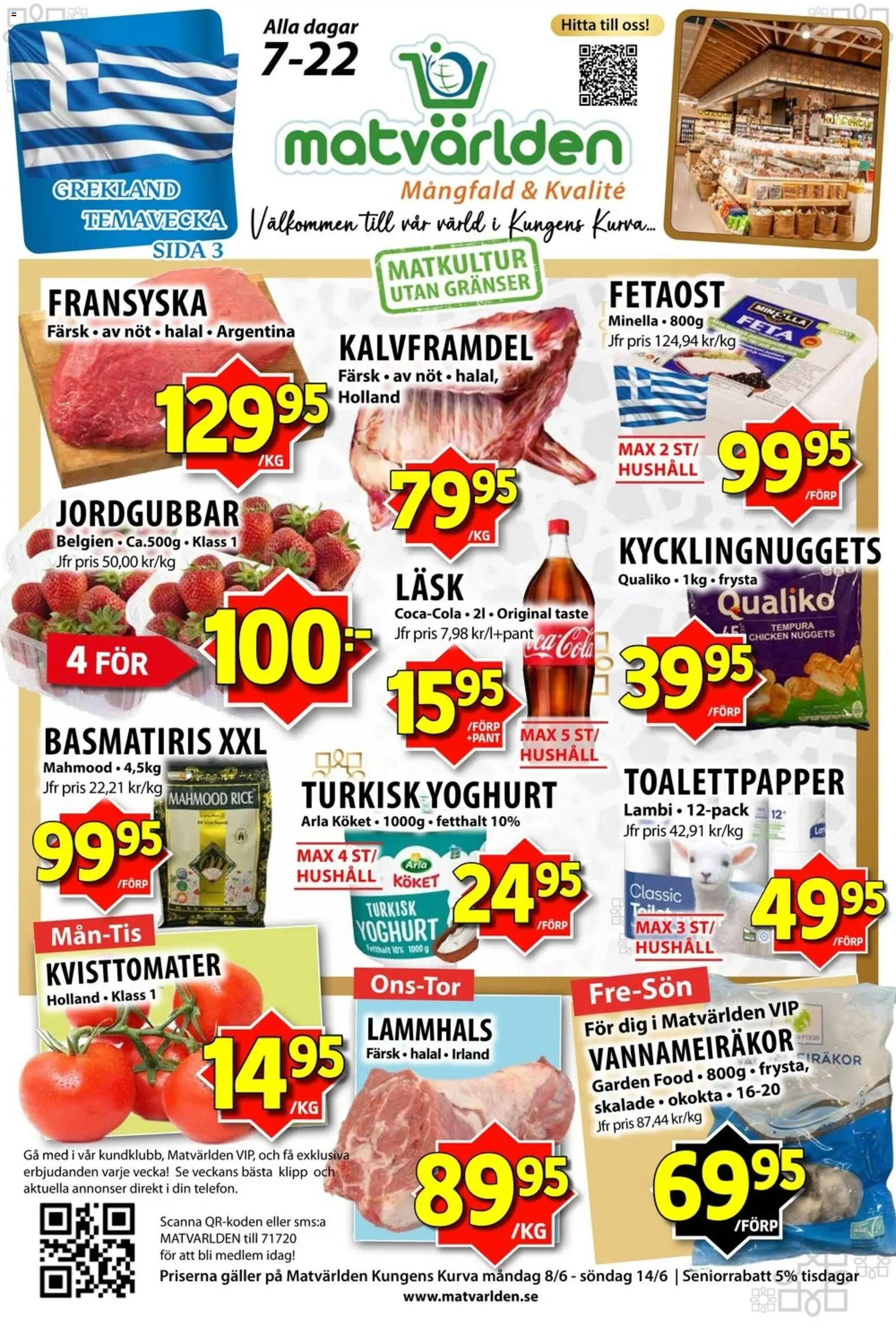 Matvärlden reklamblad aktuell från 08.06.2026 | Sida: 1 | Produkter: Toalettpapper, Räkor, Yoghurt, Jordgubbar