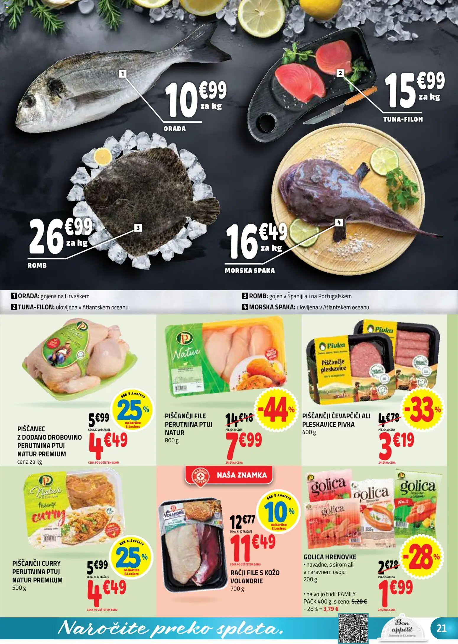 Novi E.leclerc katalog ponudbe – veljaven od 23.09.2026 | Stran: 21 | Izdelki: Hrenovke, Čevapčiči, Pleskavice, Orada