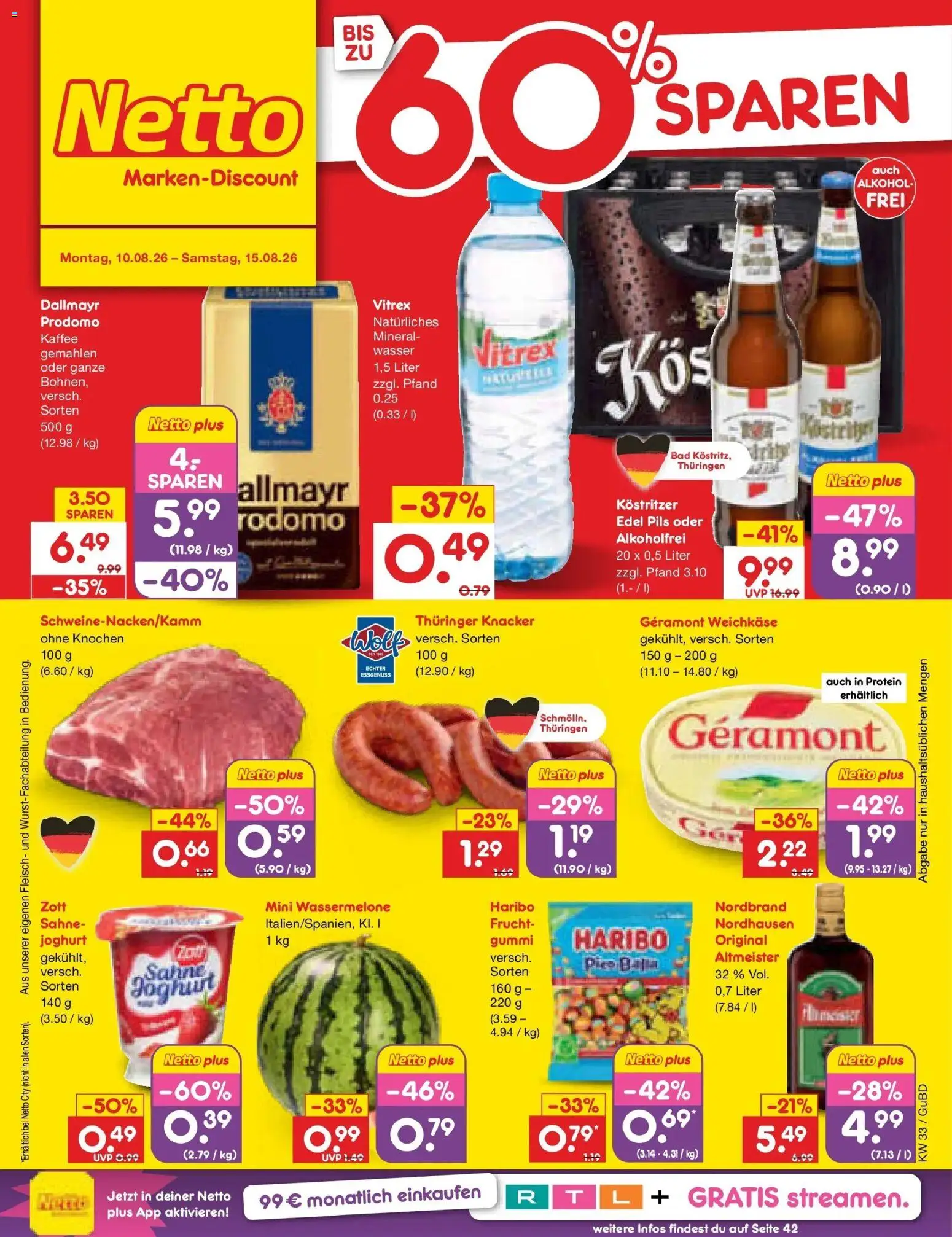 Netto Marken-Discount Prospekt Augustusburg (ab 10.08.2026) » Angebote | Seite: 1 | Produkte: Haribo, Kostritzer, Dallmayr, Wasser