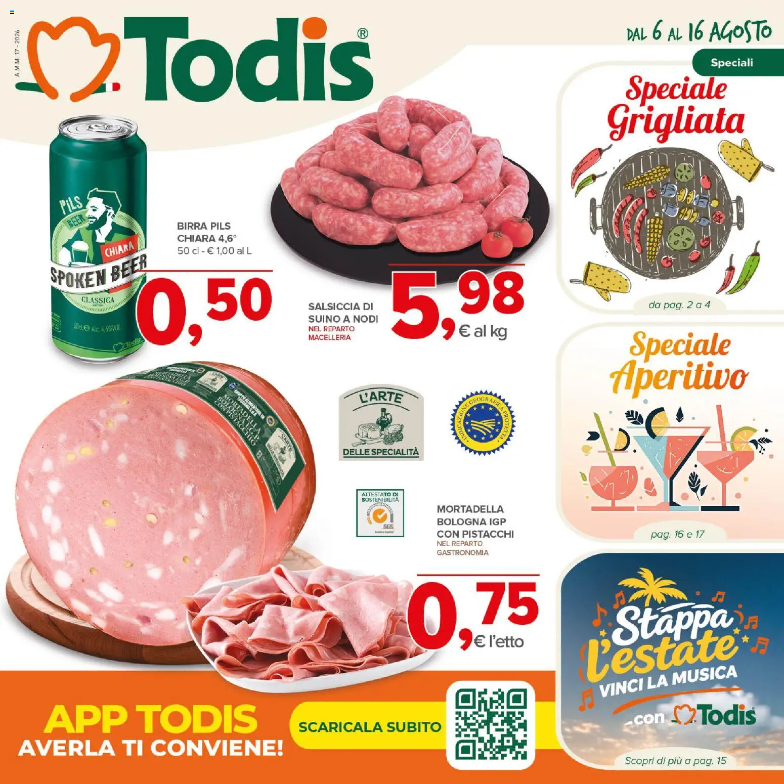 Volantino Todis del 06/08/2026 | Pagina: 1 | Prodotti: Birra, Salsiccia, Pistacchi, Aperitivo