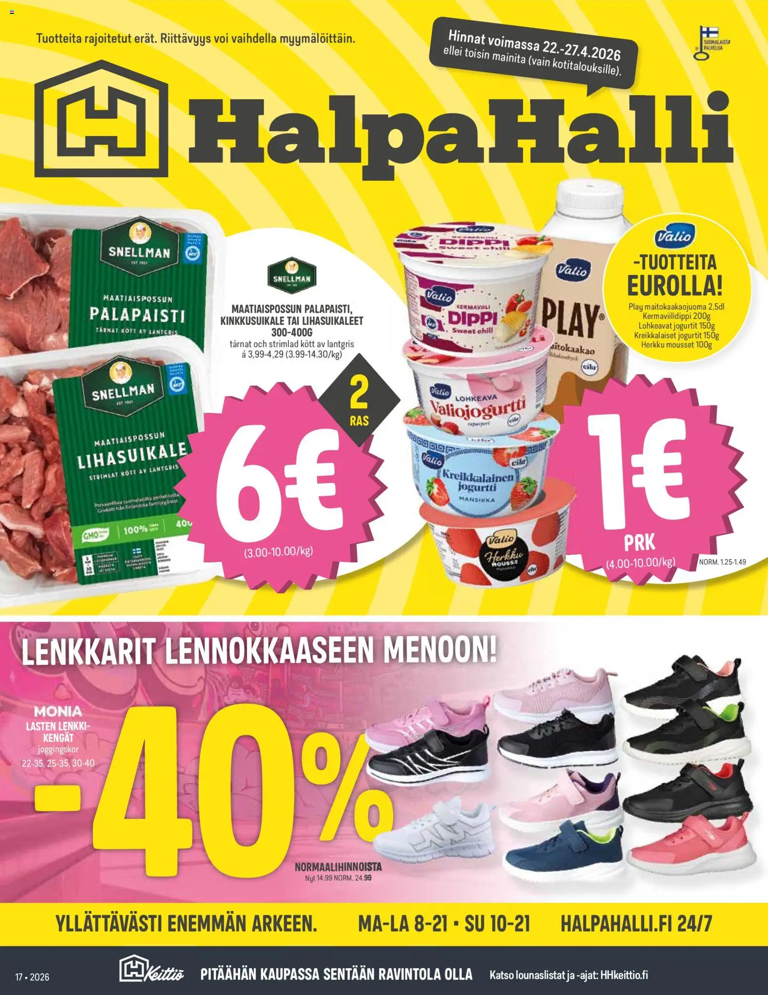 Halpa Halli tarjoukset – voimassa 22.04.2026 alkaen | Sivu: 1 | Tuotteet: Mousse, Chili, Lenkkarit, Kreikkalainen jogurtti