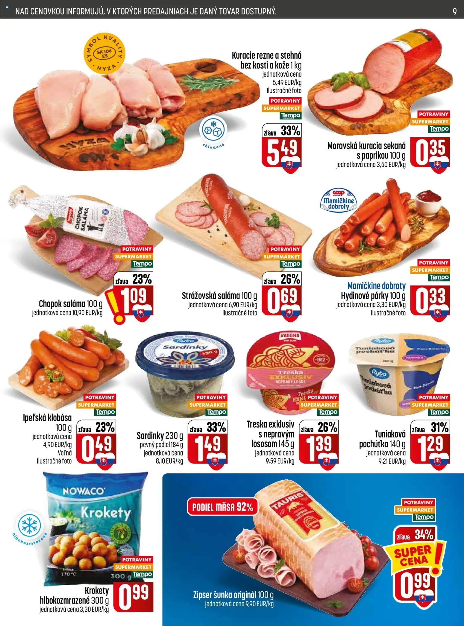 Nové COOP Jednota akcie – leták je platný od 20.08.2026 | Strana: 9 | Produkty: Saláma, Šunka, Klobása, Kuracie rezne