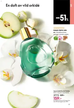 Joyce Jade Eau de Toilette, 50 ml. Sample code 35676. Blommig, fruktig, grön. Hög doftkoncentration, grönt äpple, vild orkidé, sandelträ. - Förhandsvisning av reklamblad från butik Oriflame aktuell från 13.05.2026 | Sida: 57 | Produkter: Doft, Eau de toilette