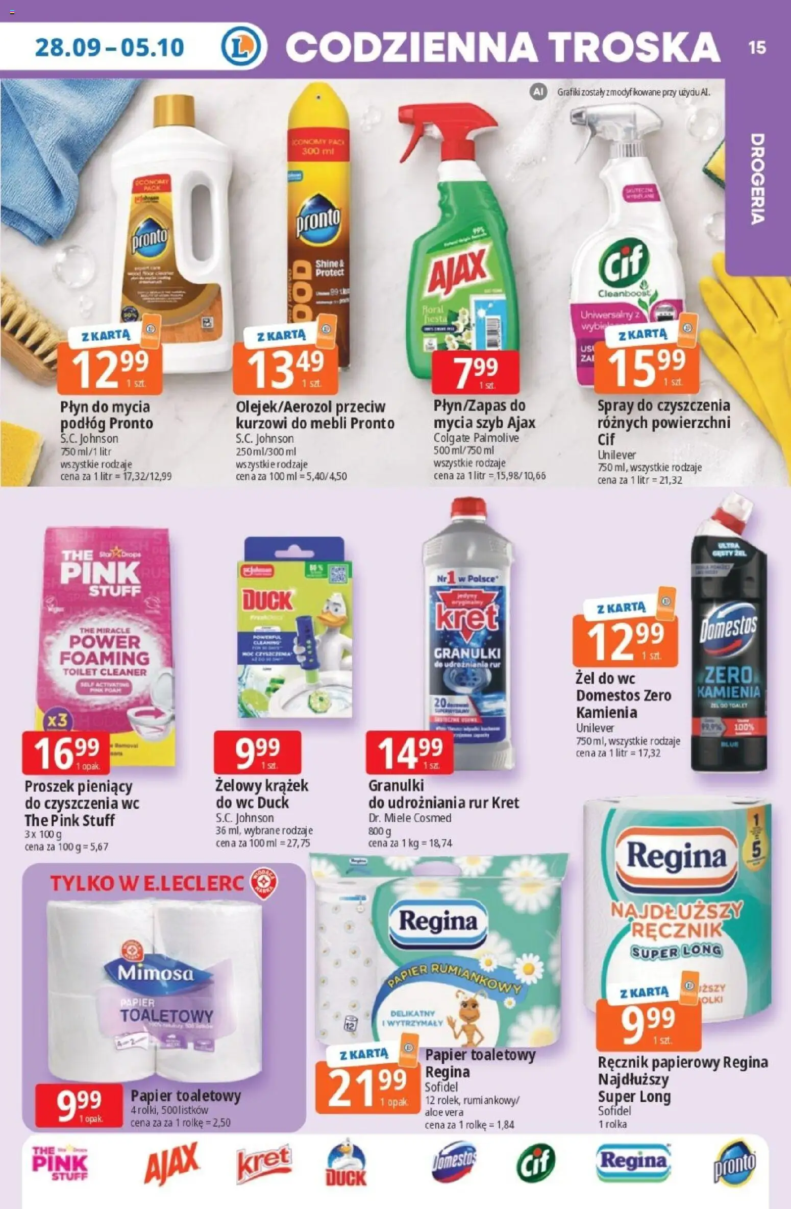 E.Leclerc gazetka - Tanio To Tu od 28.09.2026 | Strona: 15 | Produkty: Proszek, Papier toaletowy, Żel do WC, Domestos