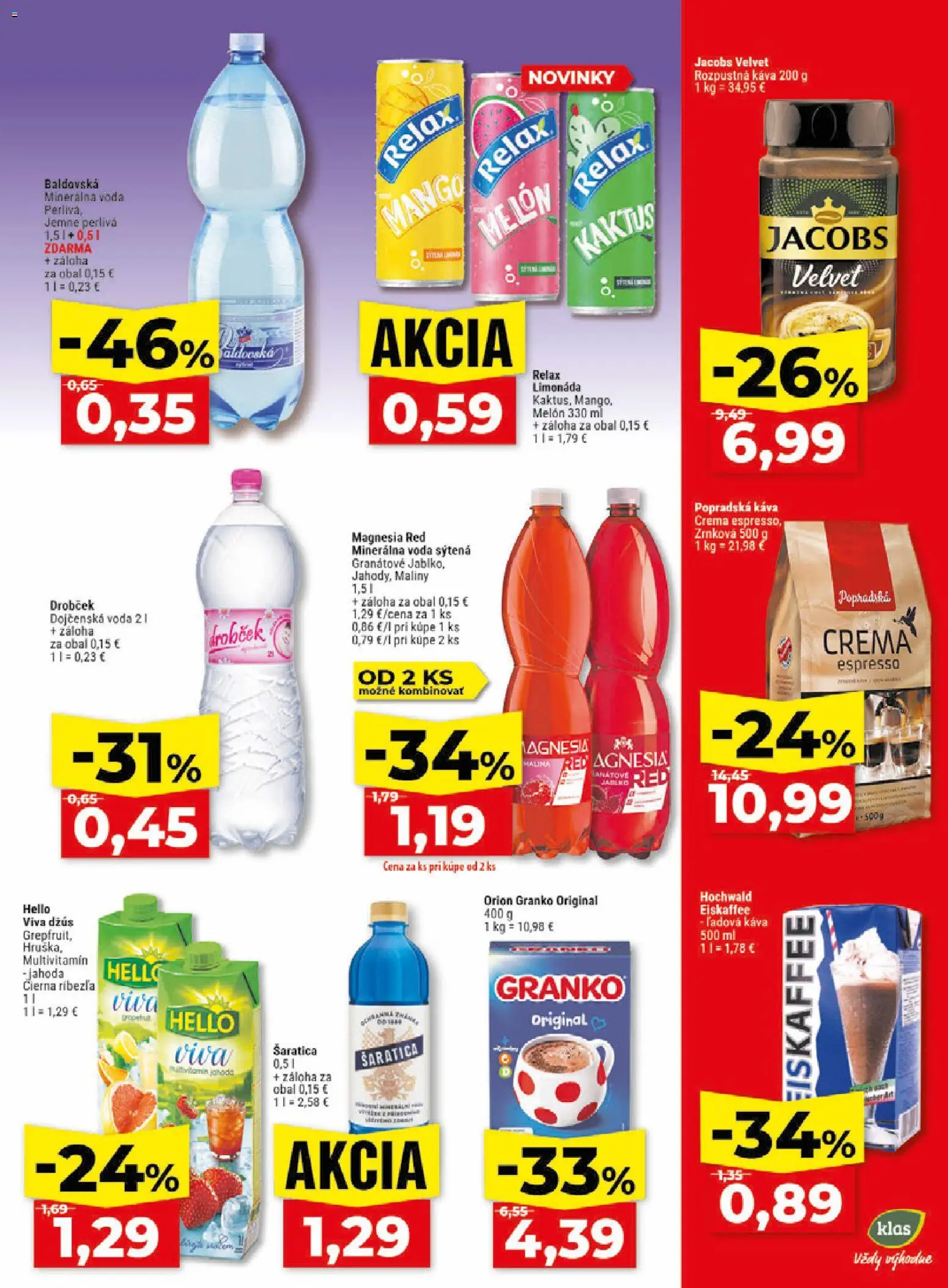 Nové Klas akcie – leták je platný od 10.08.2026 | Strana: 24 | Produkty: Jacobs Velvet, Káva, Baldovská, Maliny