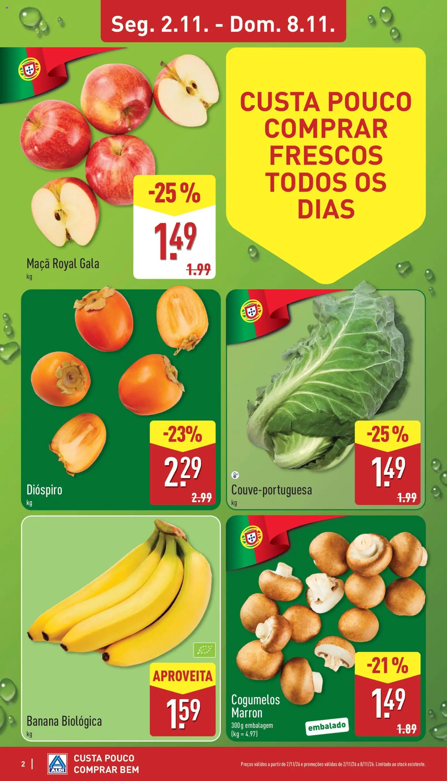 Aldi folheto │ válido de 02/11/2026 | Página: 2 | Produtos: Banana, Dióspiro, Maça, Cogumelos