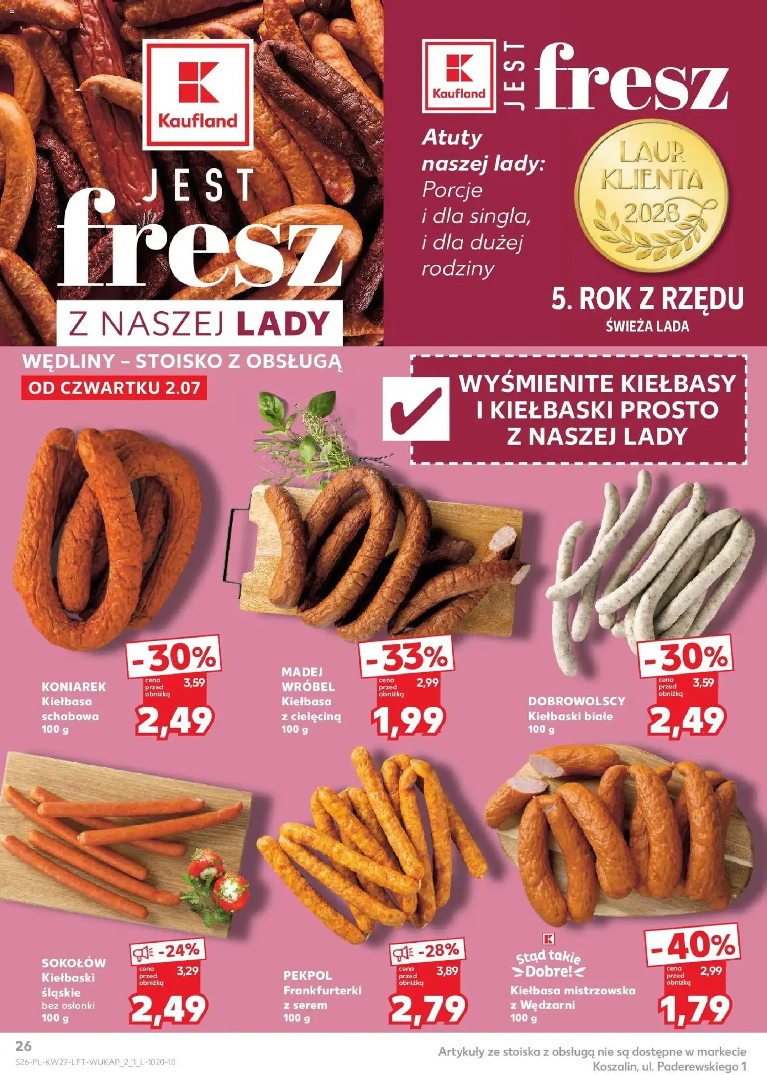 Kaufland gazetka od 02.07.2026 | Strona: 26 | Produkty: Kiełbasa, Frankfurterki, Kiełbaski, Wędliny