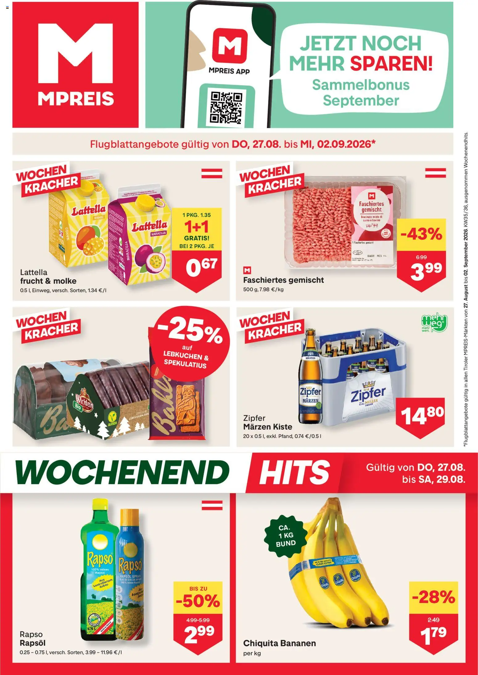 MPREIS Flugblatt gültig ab 27.08.2026 | Seite: 1 | Produkte: Mango, Rapsöl, Bananen, Lebkuchen