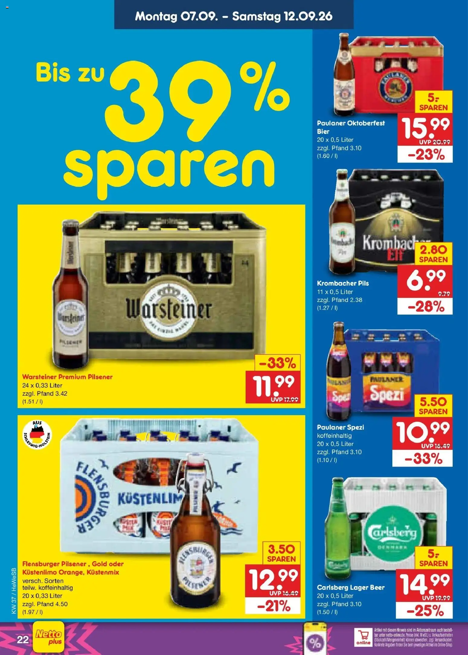 Netto Marken-Discount Prospekt Hamburg – gültig ab 07.09.2026 | Seite: 32 | Produkte: Carlsberg, Flensburger, Krombacher, Paulaner