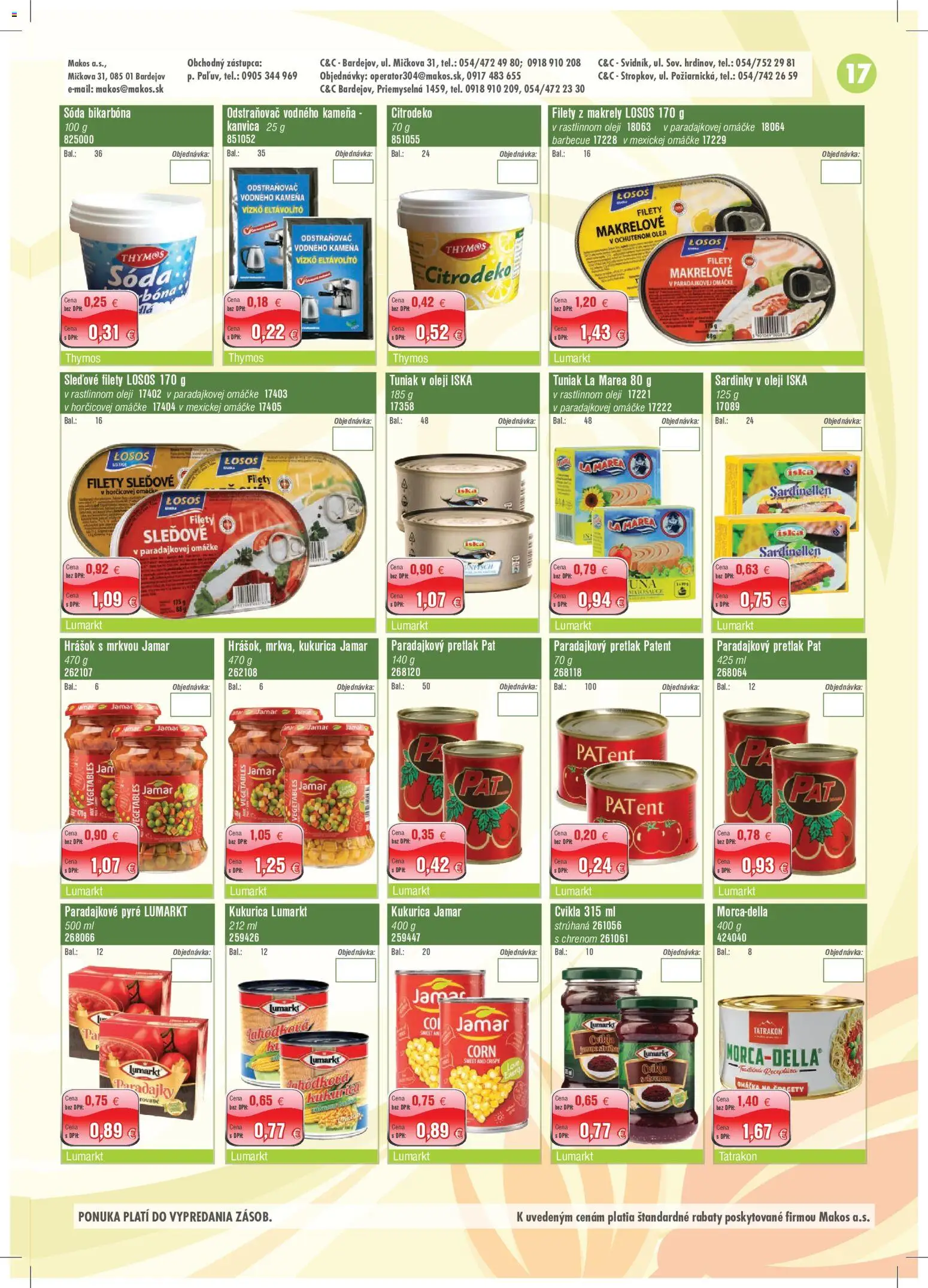Nové Makos akcie – leták je platný od 01.06.2026 | Strana: 17 | Produkty: Kanvica, Sardinky, Losos, Omáčka