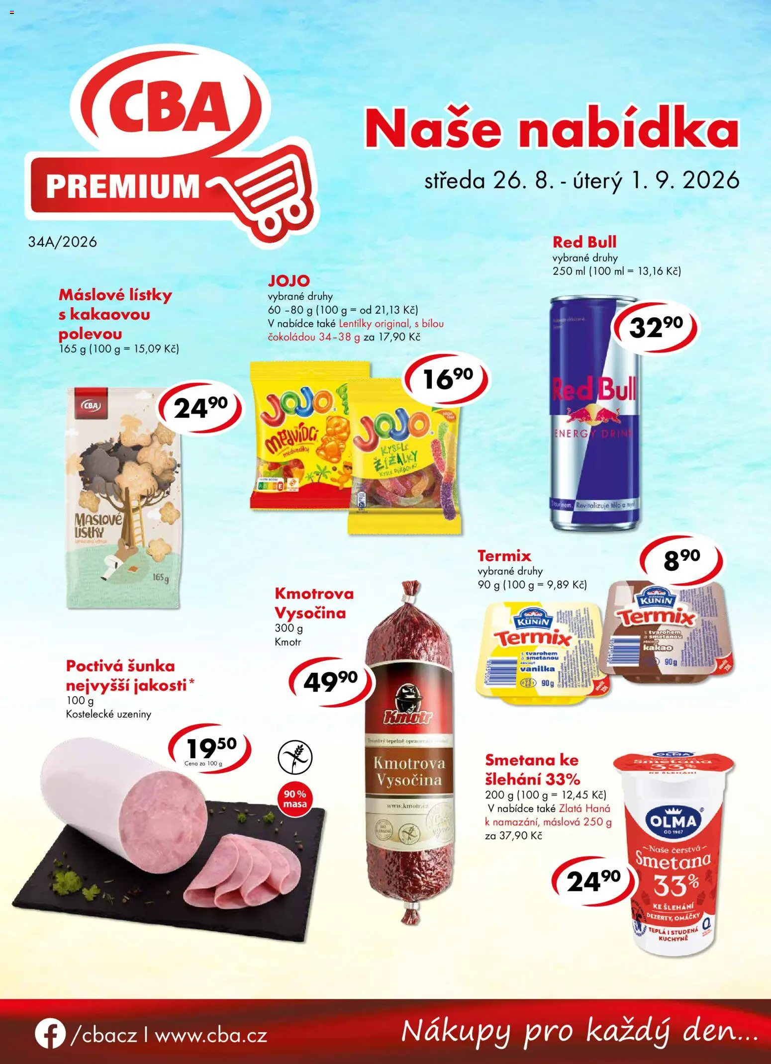 CBA leták - Premium od 26.08.2026 | Strana: 1 | Produkty: Šunka, Uzeniny, Red Bull, Vysočina