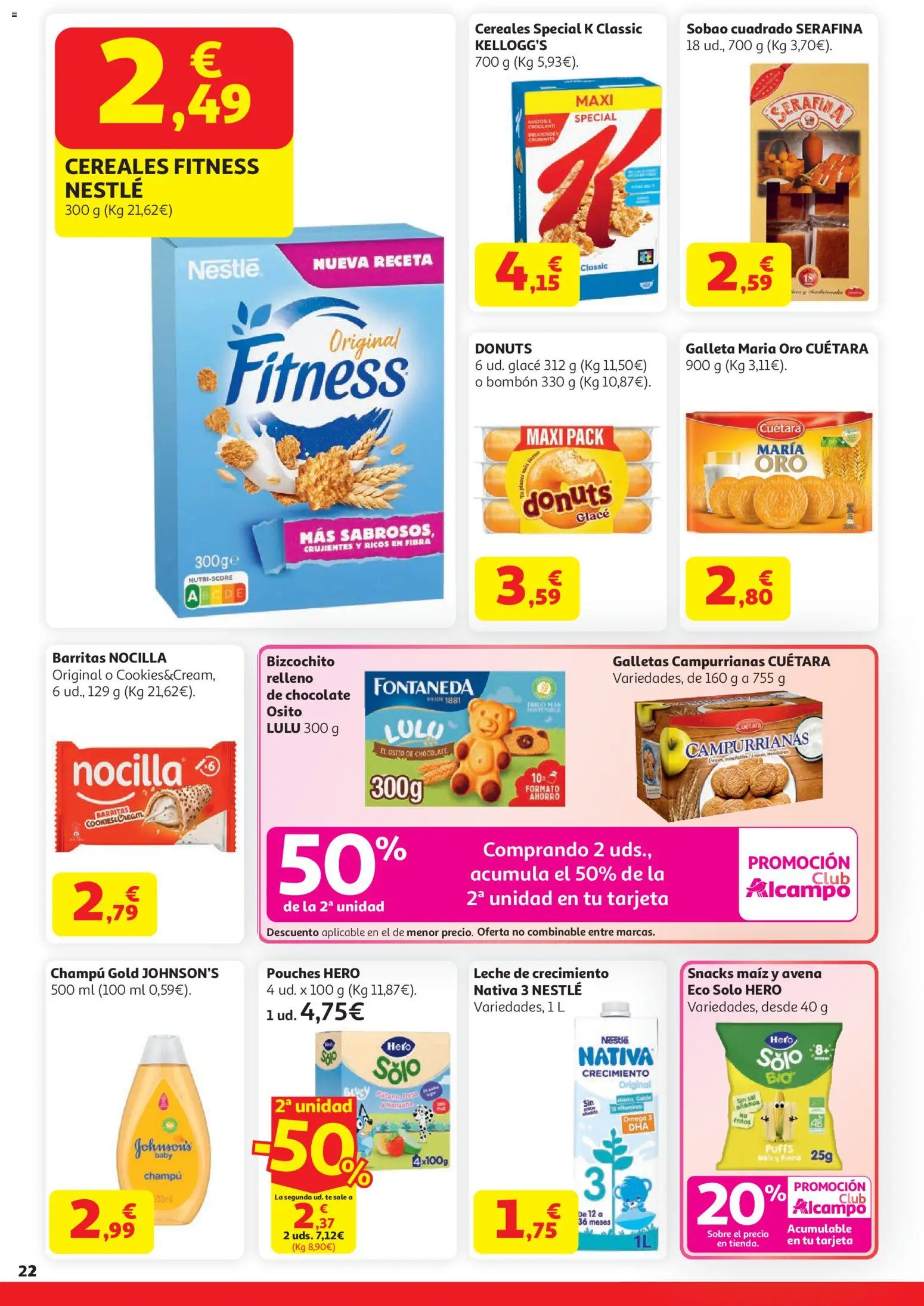 Alcampo  HG General Cat │ válido desde el 07.04.2026 | Página: 22 | Productos: Champú, Leche, Chocolate, Cereales Fitness