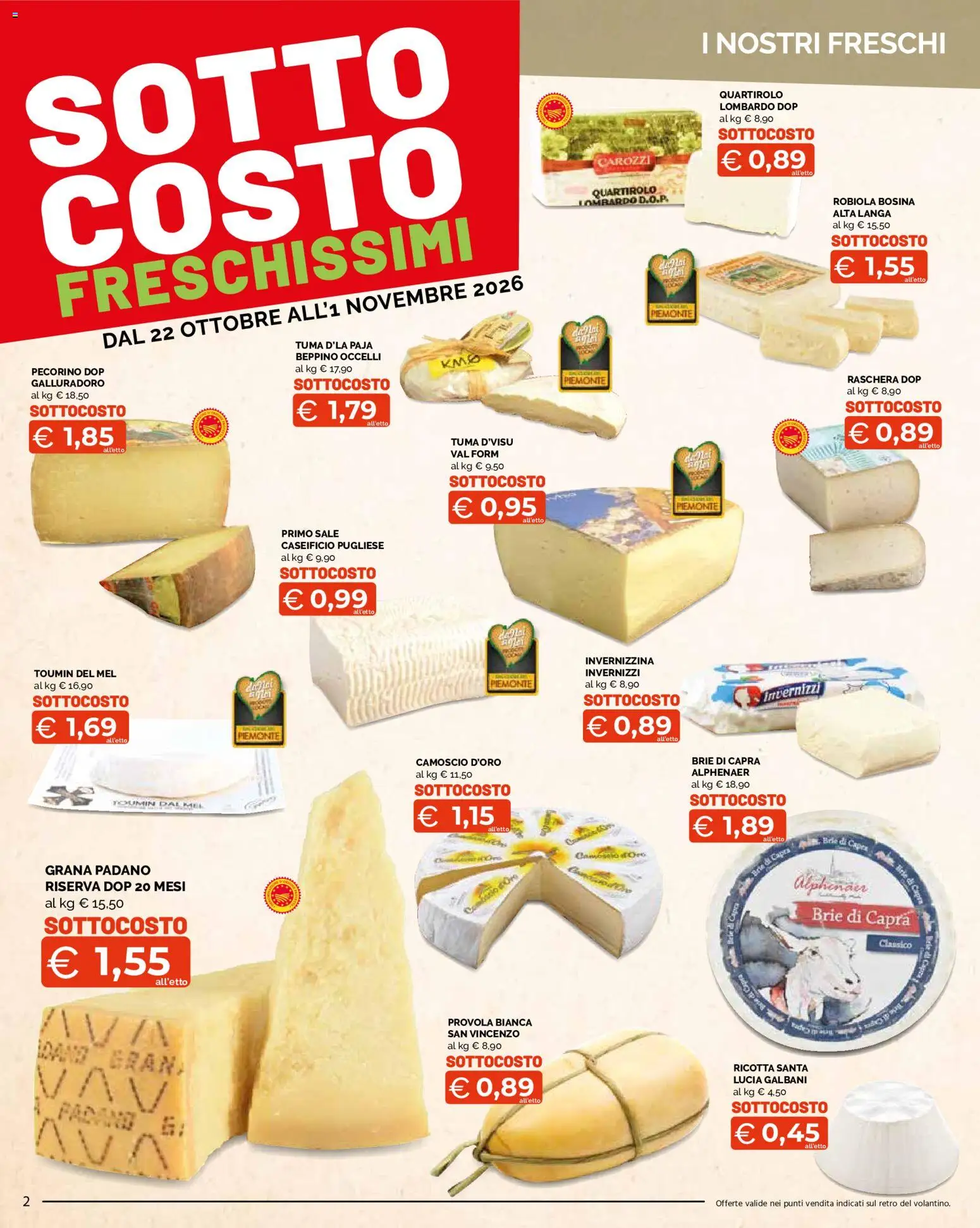 Volantino Mercatò del 22/10/2026 | Pagina: 2 | Prodotti: Grana Padano, Provola, Robiola, Pecorino