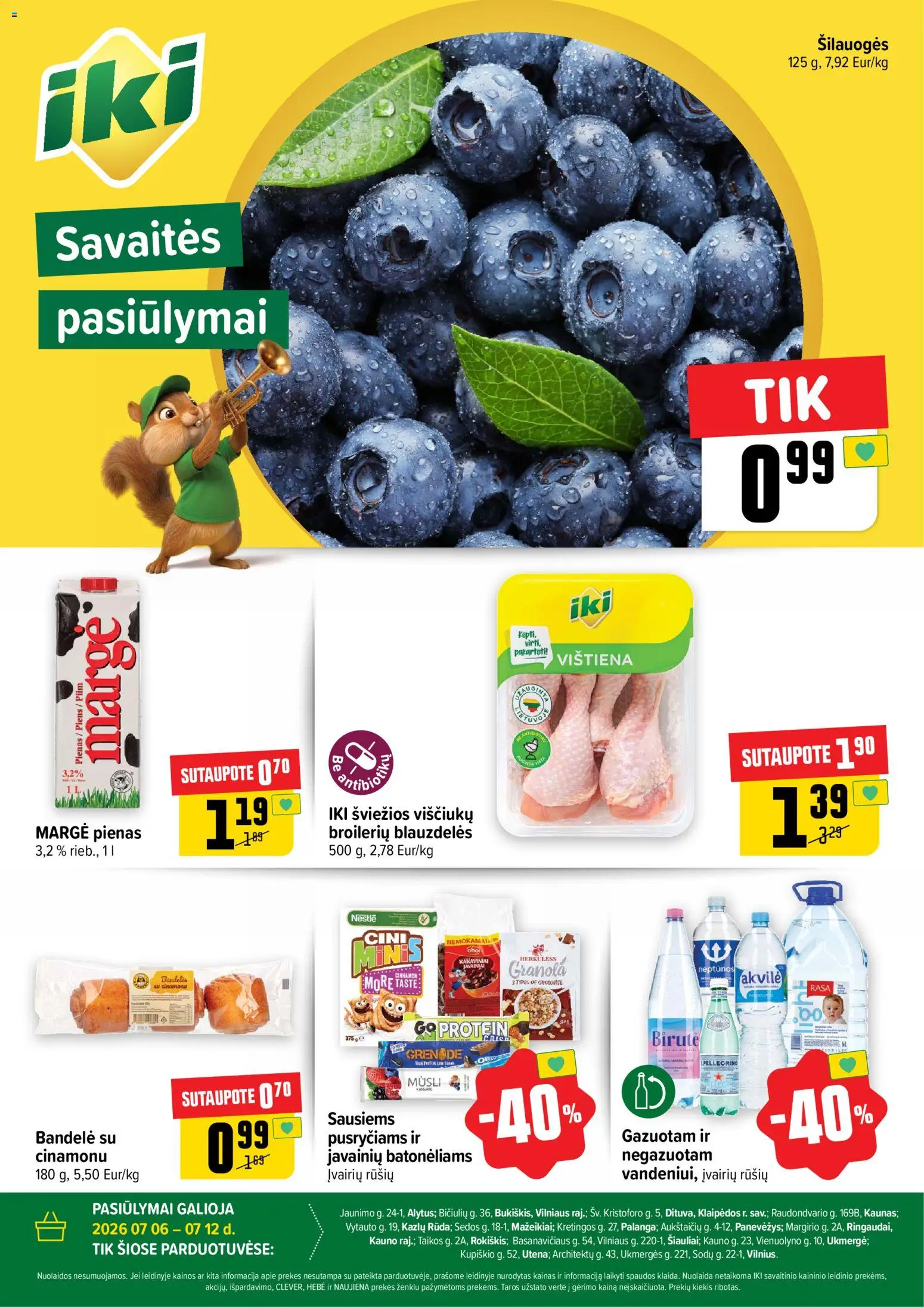 IKI akcijos nuo 2026.07.06 | Puslapis: 1 | Prekių: Šilauogės, Bandelė, Pienas, Vištiena